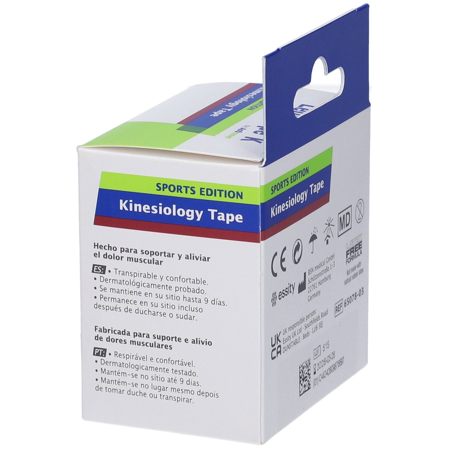 Confezione di Leukotape K, Sports Edition. Nastro kinesio. Testo: 'Hecho para soportar el dolor muscular'. Certificazioni.