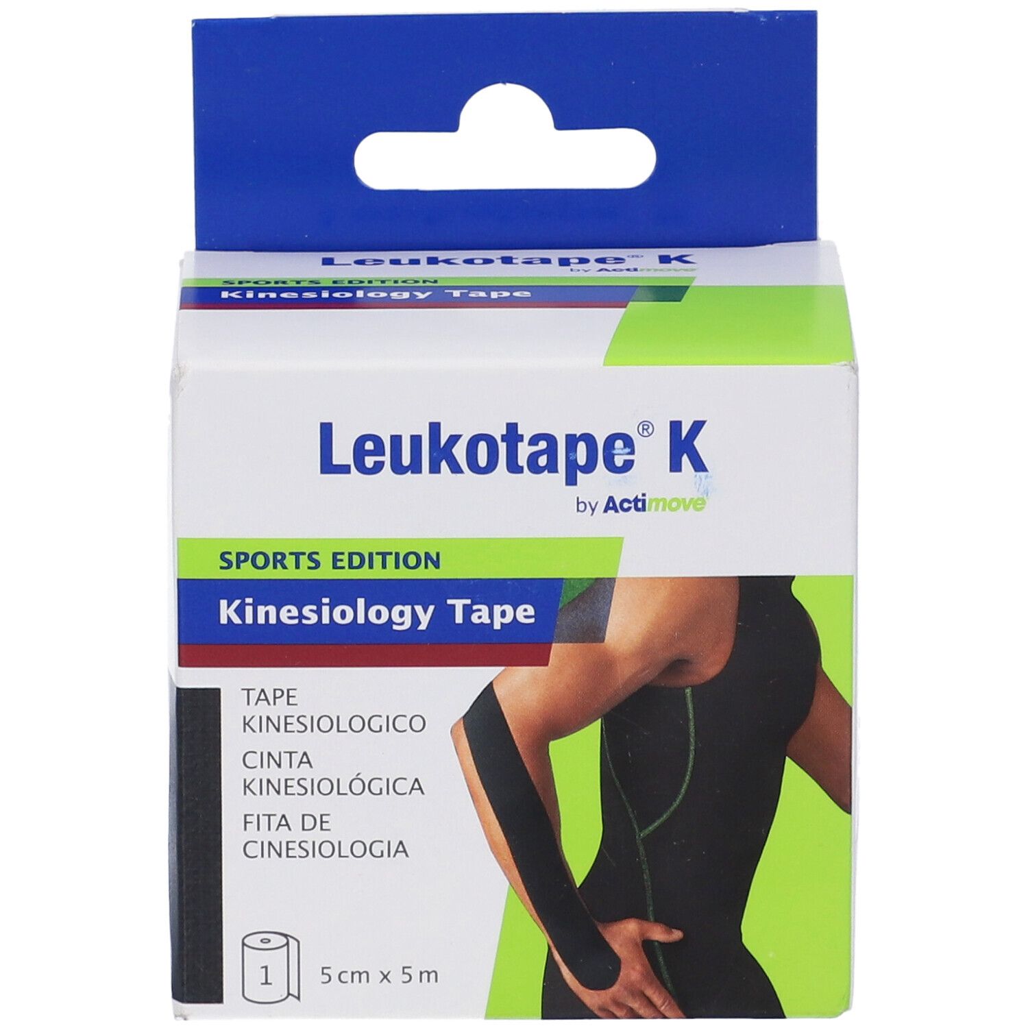 Confezione di nastro per kinesiologia. Contiene un rotolo, 5 cm x 5 m. Nastro nero mostrato sul corpo. Marchio: Leukotape K.