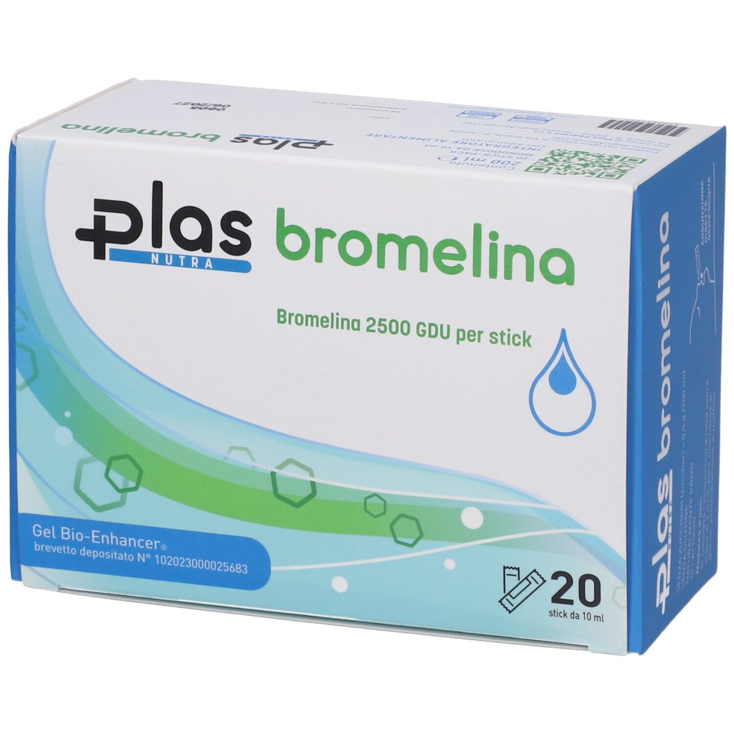 Confezione di Plas Bromelina. Contiene 20 stick. Scritta: Bromelina 2500 GDU per stick.