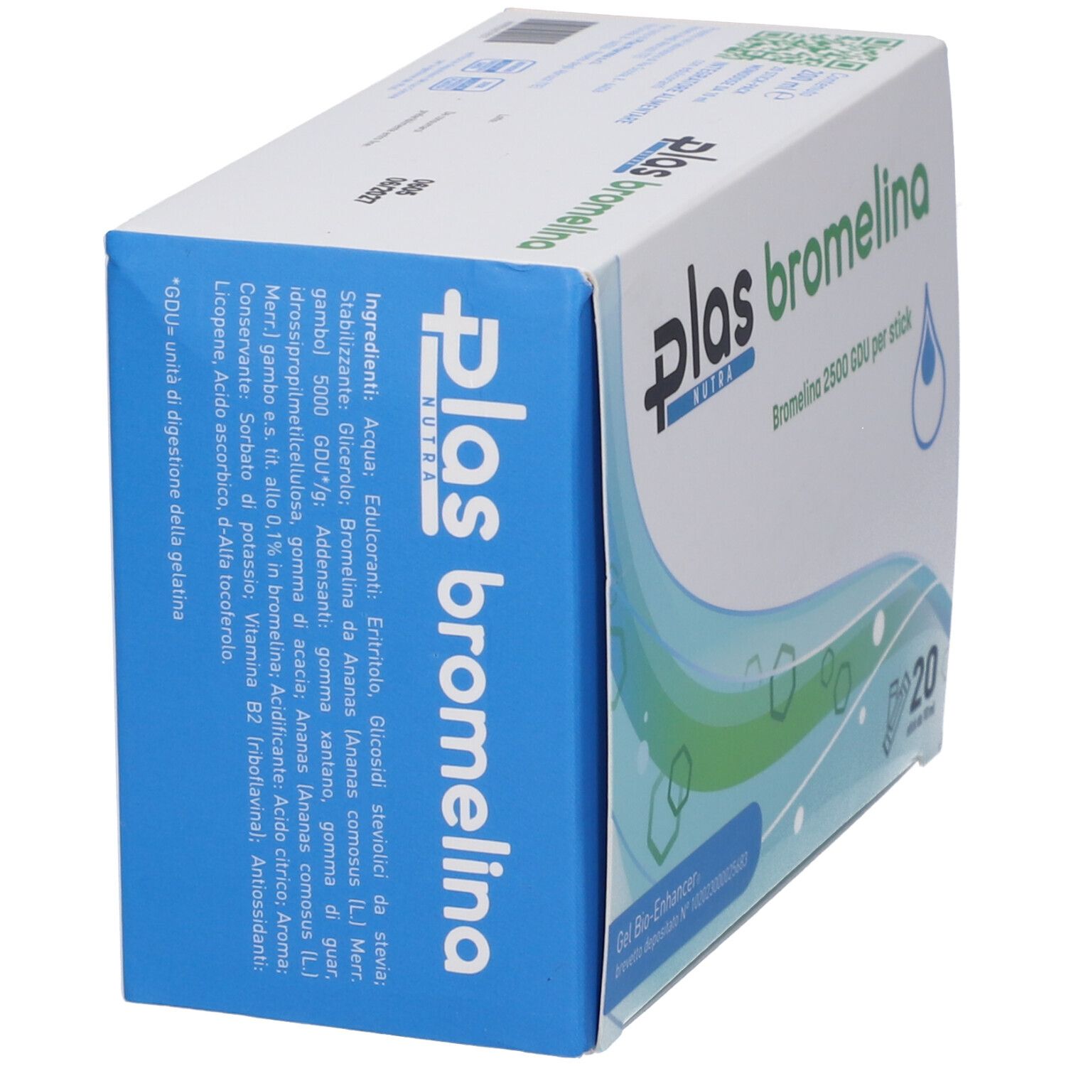 Confezione di Plas Bromelina. Contiene 20 stick. Scritta: Bromelina 2500 GDU per stick. Vista laterale.