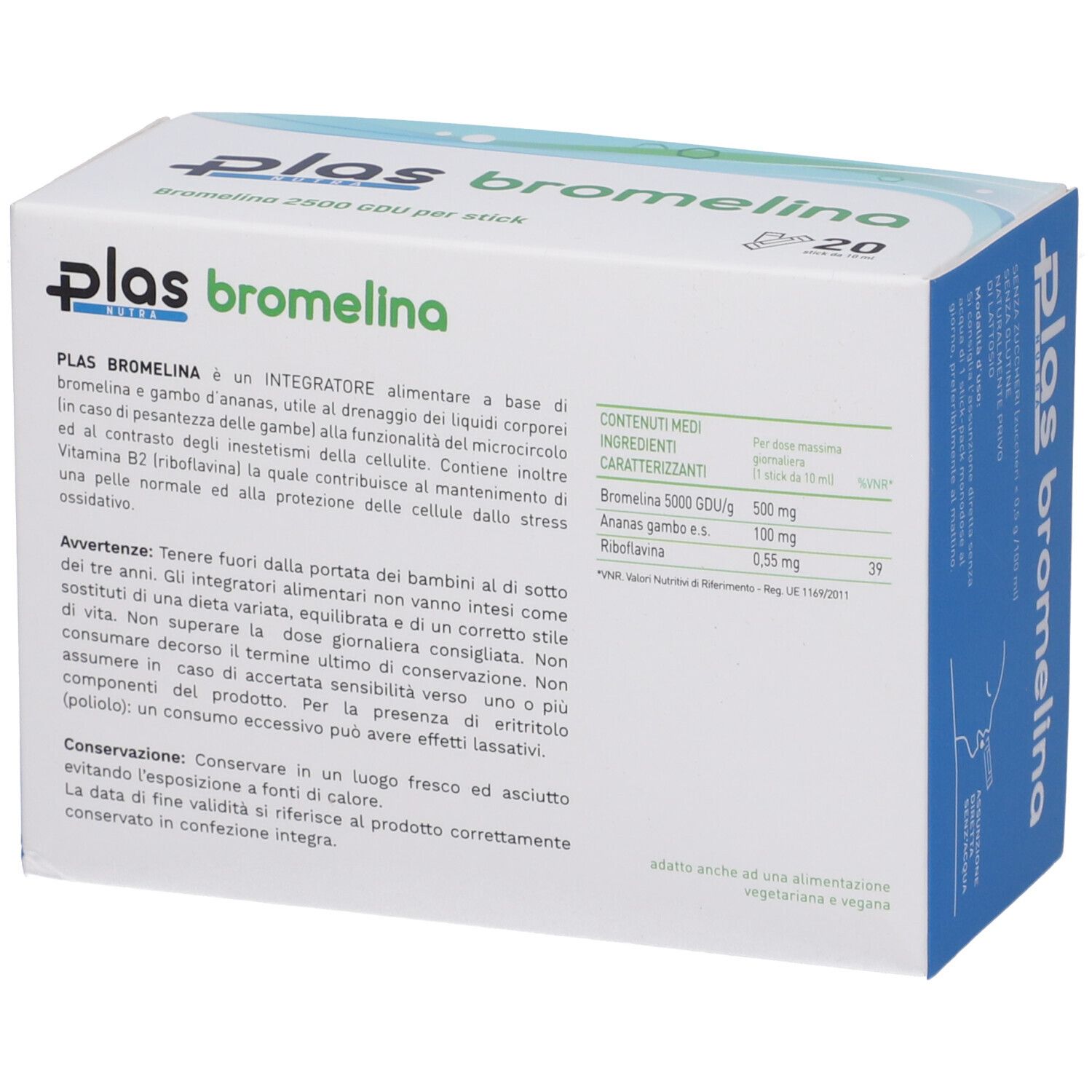 Confezione di Plas Bromelina. Contiene 20 stick. Scritta: Bromelina 2500 GDU per stick. Retro con ingredienti.