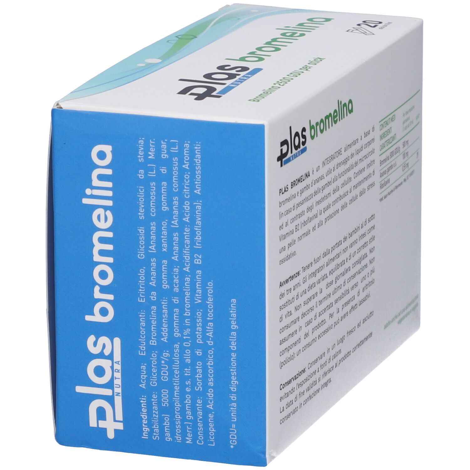 Confezione di Plas Bromelina. Contiene 20 stick. Scritta: Bromelina 2500 GDU per stick. Retro con ingredienti.