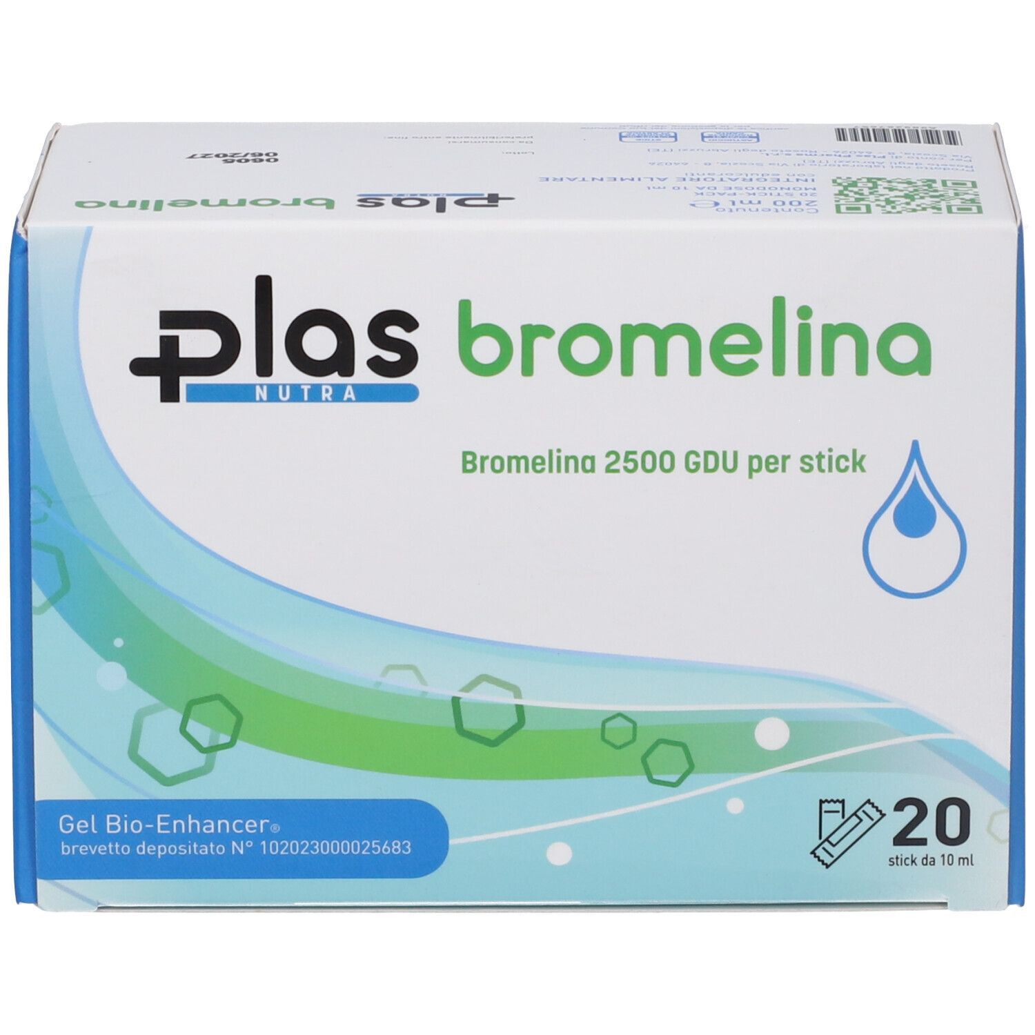 Confezione di Plas Bromelina. Contiene 20 stick. Scritta: Bromelina 2500 GDU per stick.