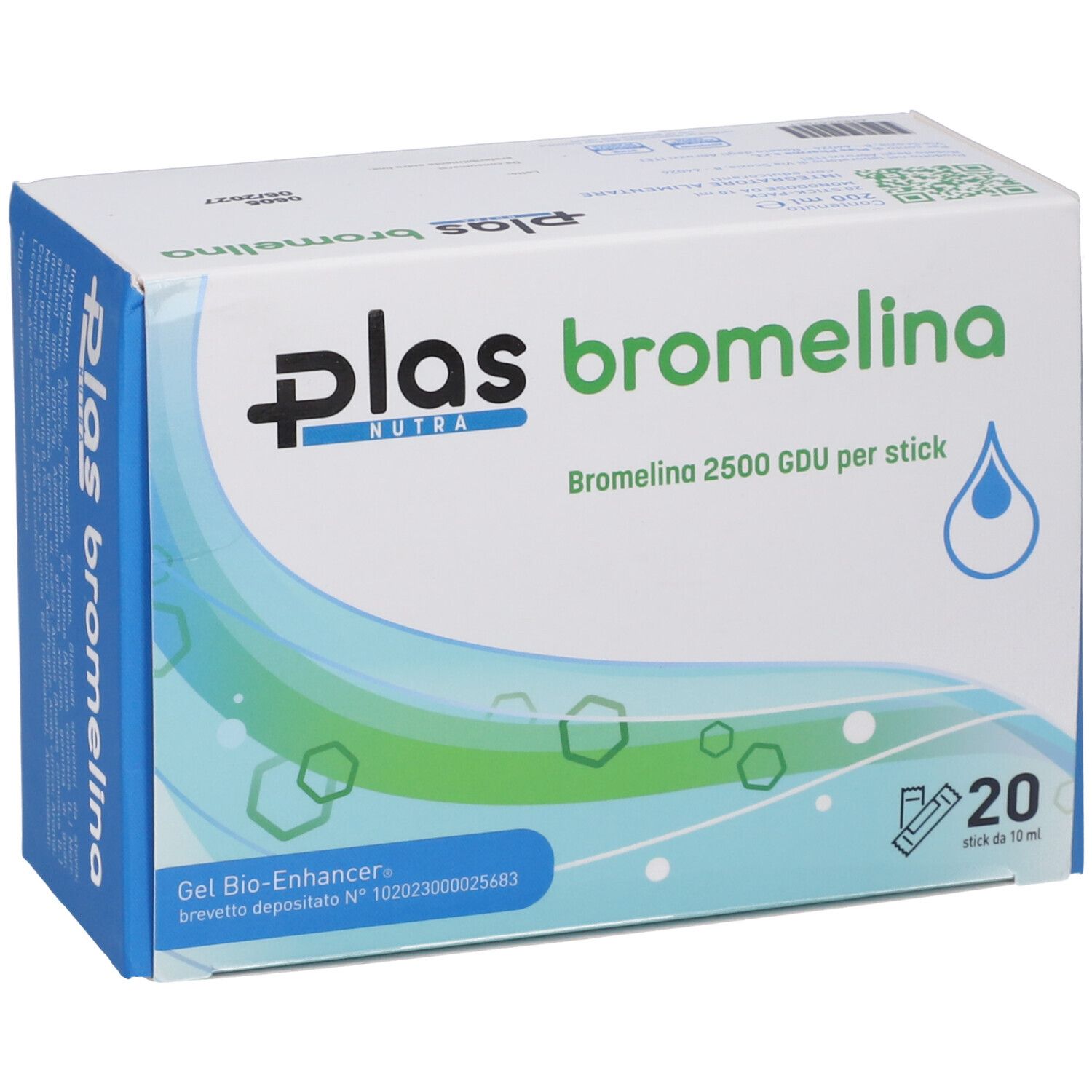 Confezione di Plas Bromelina. Contiene 20 stick. Scritta: Bromelina 2500 GDU per stick.