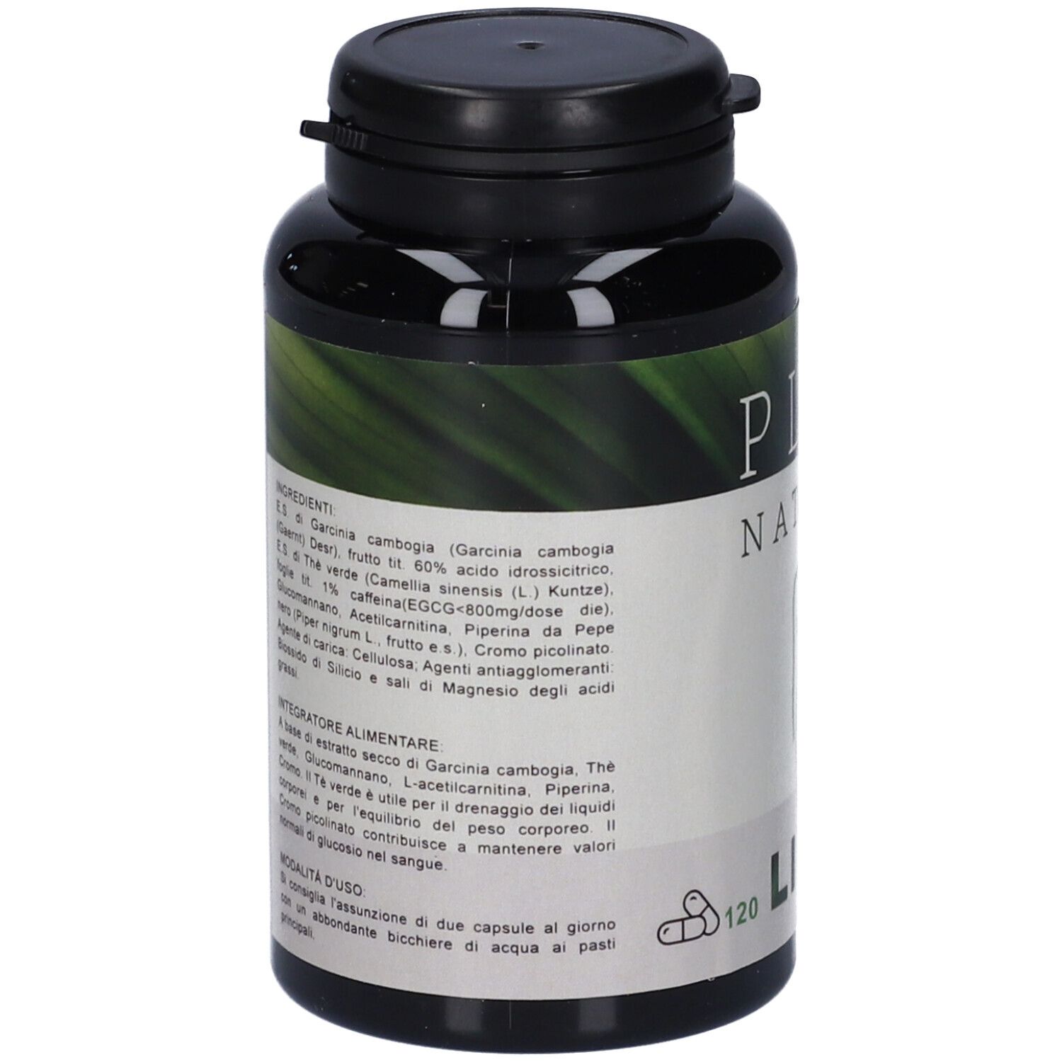Flacone nero con capsule. Scritta: PLAS NATURAL LINEA. Retro con ingredienti e informazioni nutrizionali. 120 capsule.