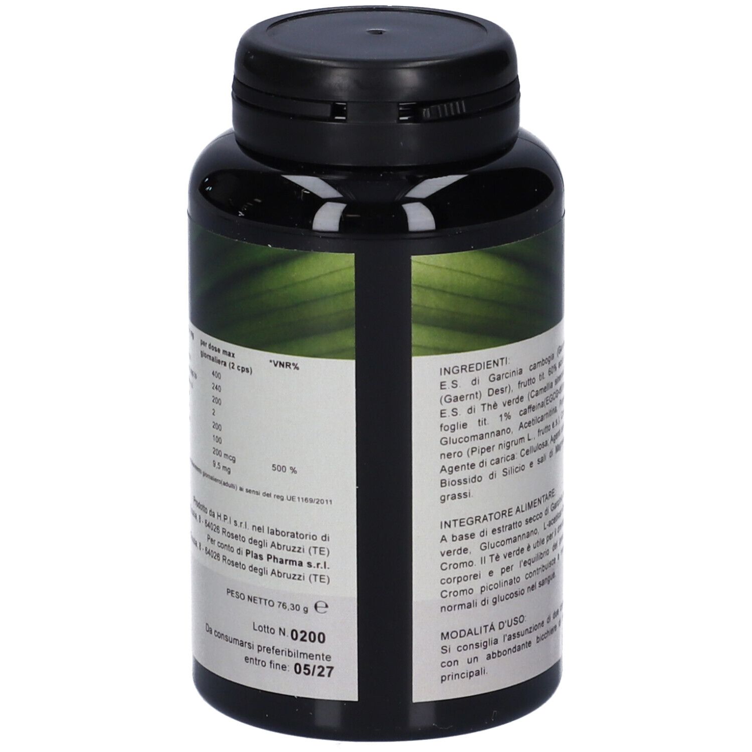 Flacone nero con capsule. Scritta: PLAS NATURAL LINEA. Retro con ingredienti e informazioni nutrizionali. 120 capsule.