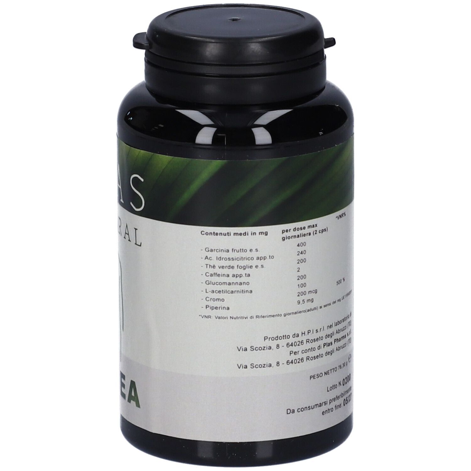 Flacone nero con capsule. Scritta: PLAS NATURAL LINEA. Retro con ingredienti e informazioni nutrizionali. 120 capsule.