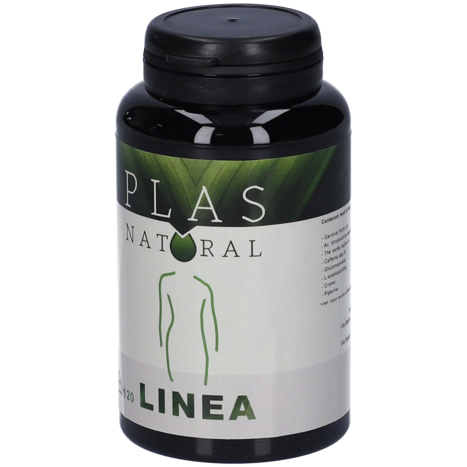 Flacone nero con capsule. Scritta: PLAS NATURAL LINEA. 120 capsule. Etichetta verde e bianca con sagoma umana.