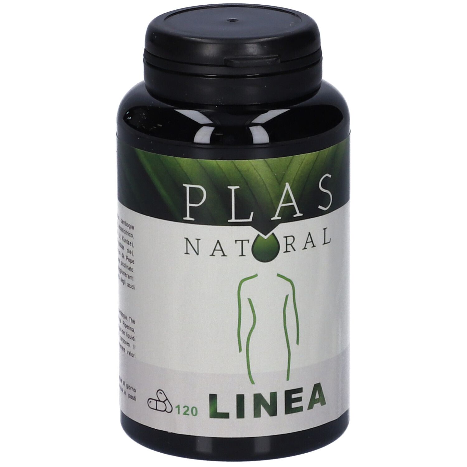 Flacone nero con capsule. Scritta: PLAS NATURAL LINEA. 120 capsule. Etichetta verde e bianca con sagoma umana.