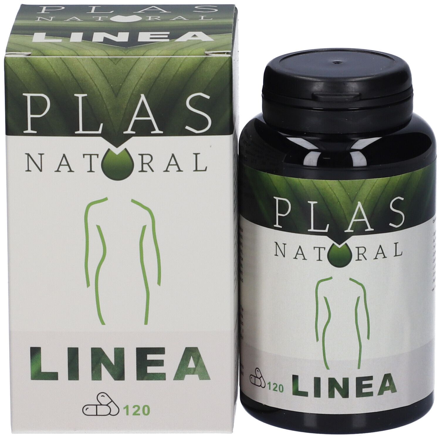 Confezione e flacone del prodotto. Scritta: PLAS NATURAL LINEA. 120 capsule. Design verde e bianco. Flacone e scatola.