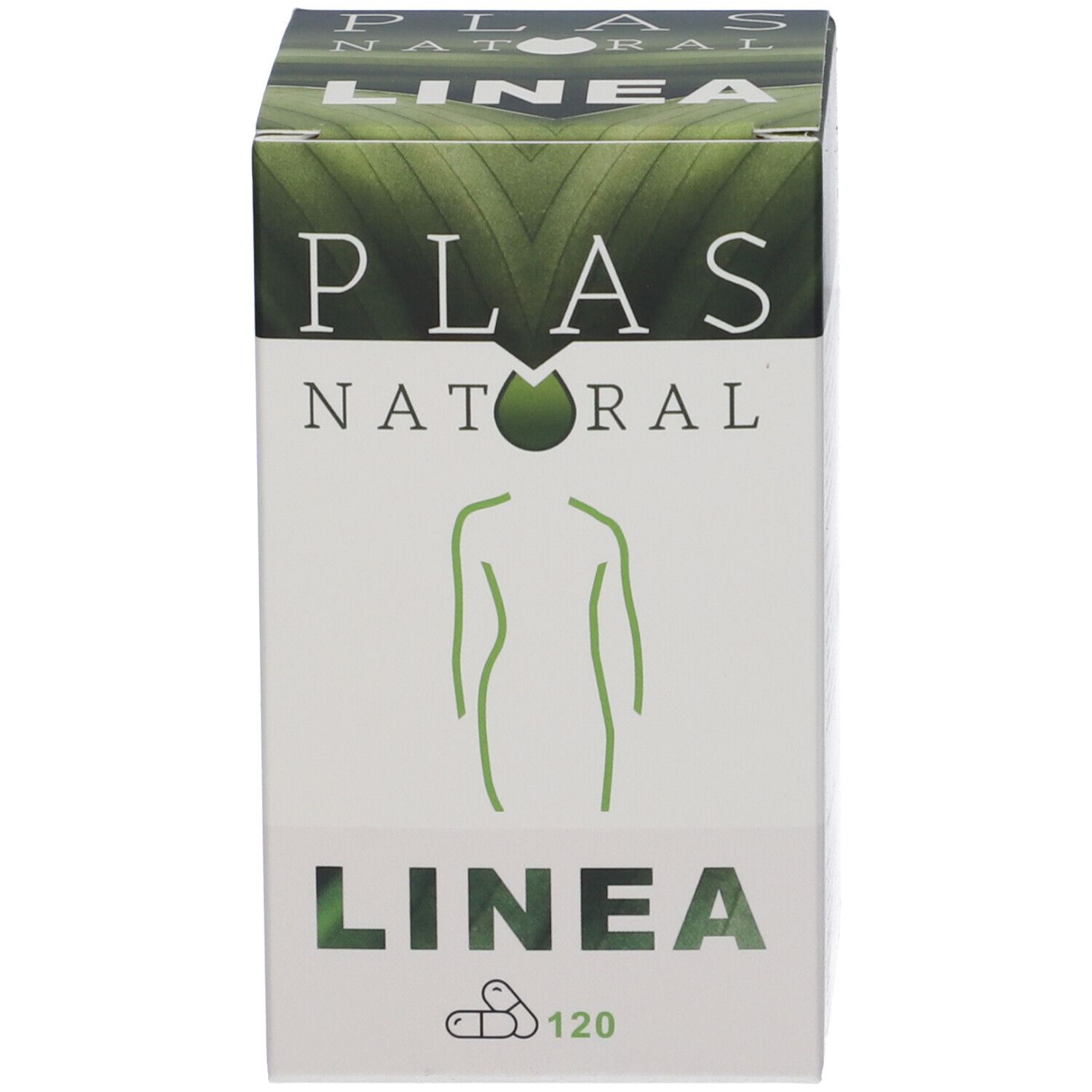 Confezione del prodotto. Scritta: PLAS NATURAL LINEA. 120 capsule. Design verde e bianco. Parte anteriore della scatola.
