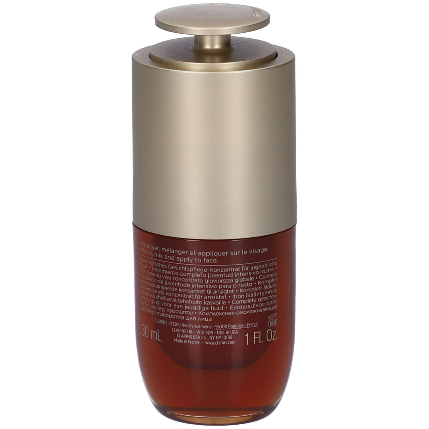 Retro del flacone Clarins Double Serum con istruzioni e dimensioni.