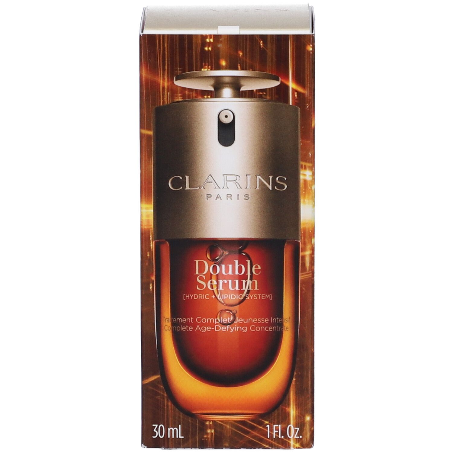Confezione Clarins Double Serum con flacone, design dorato e marrone.