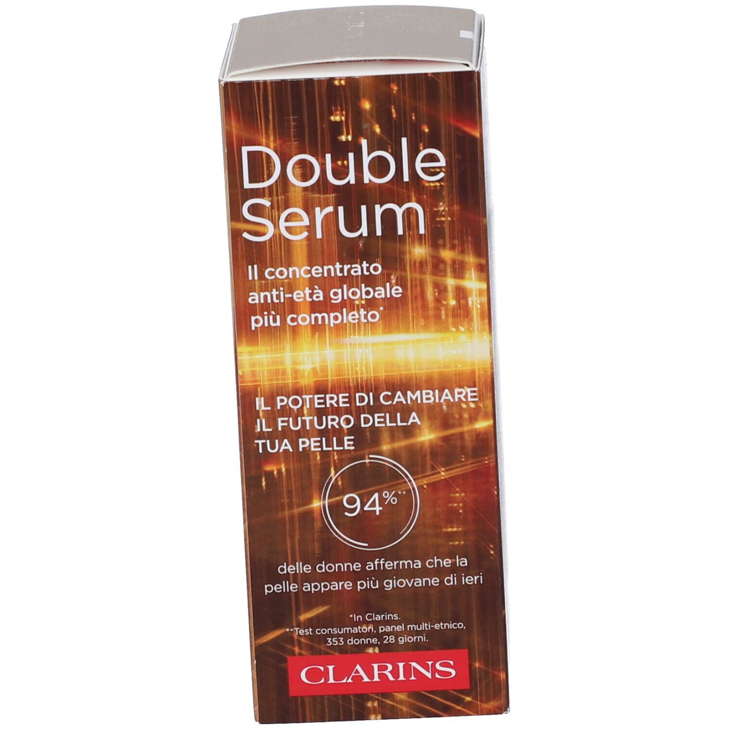 Fronte della confezione Clarins Double Serum con nome prodotto e percentuale.