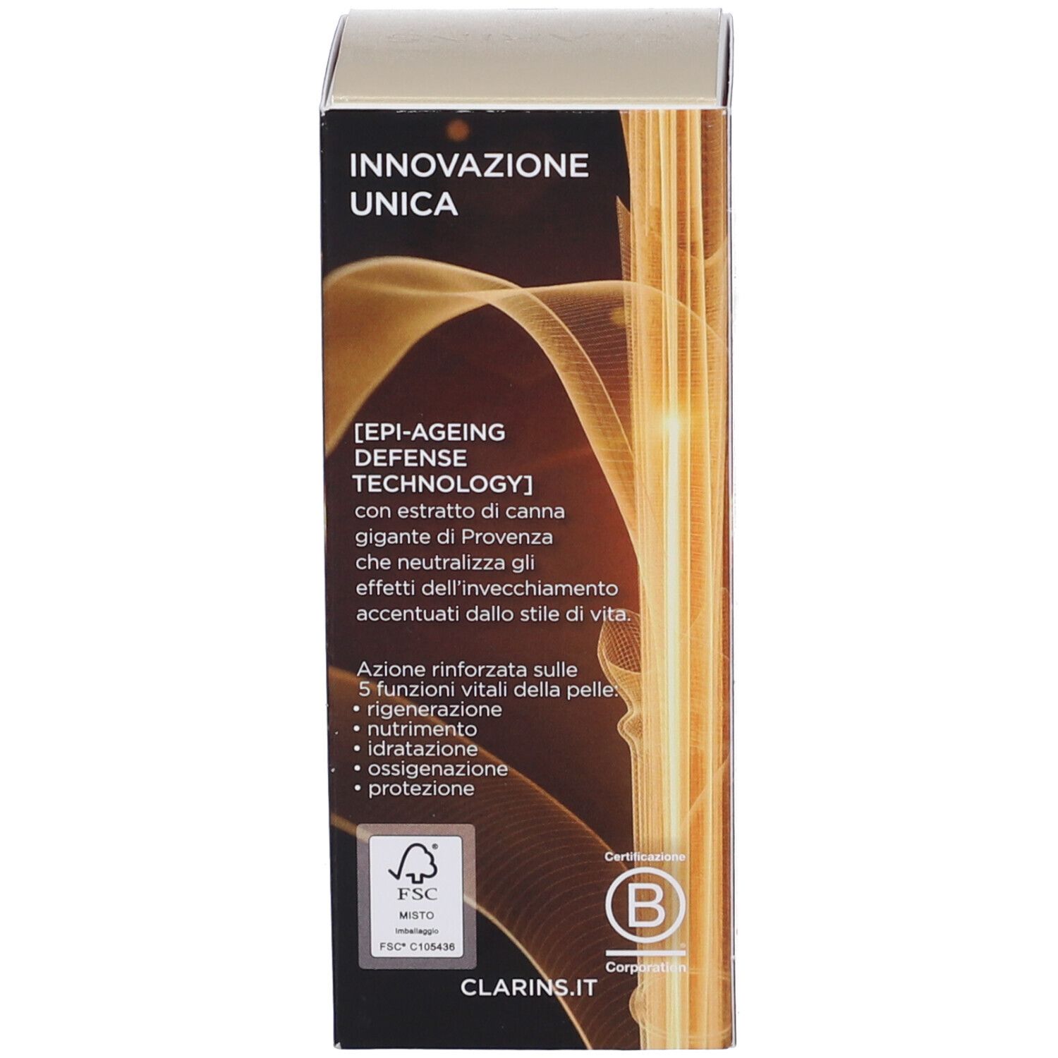 Lato della confezione Clarins Double Serum con descrizione della tecnologia e delle funzioni.