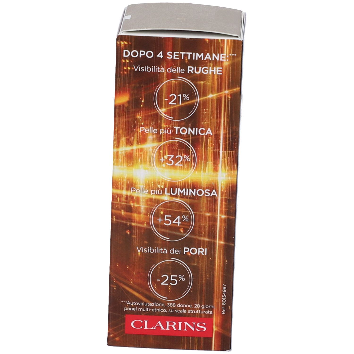 Retro della confezione Clarins Double Serum con risultati dopo 4 settimane.