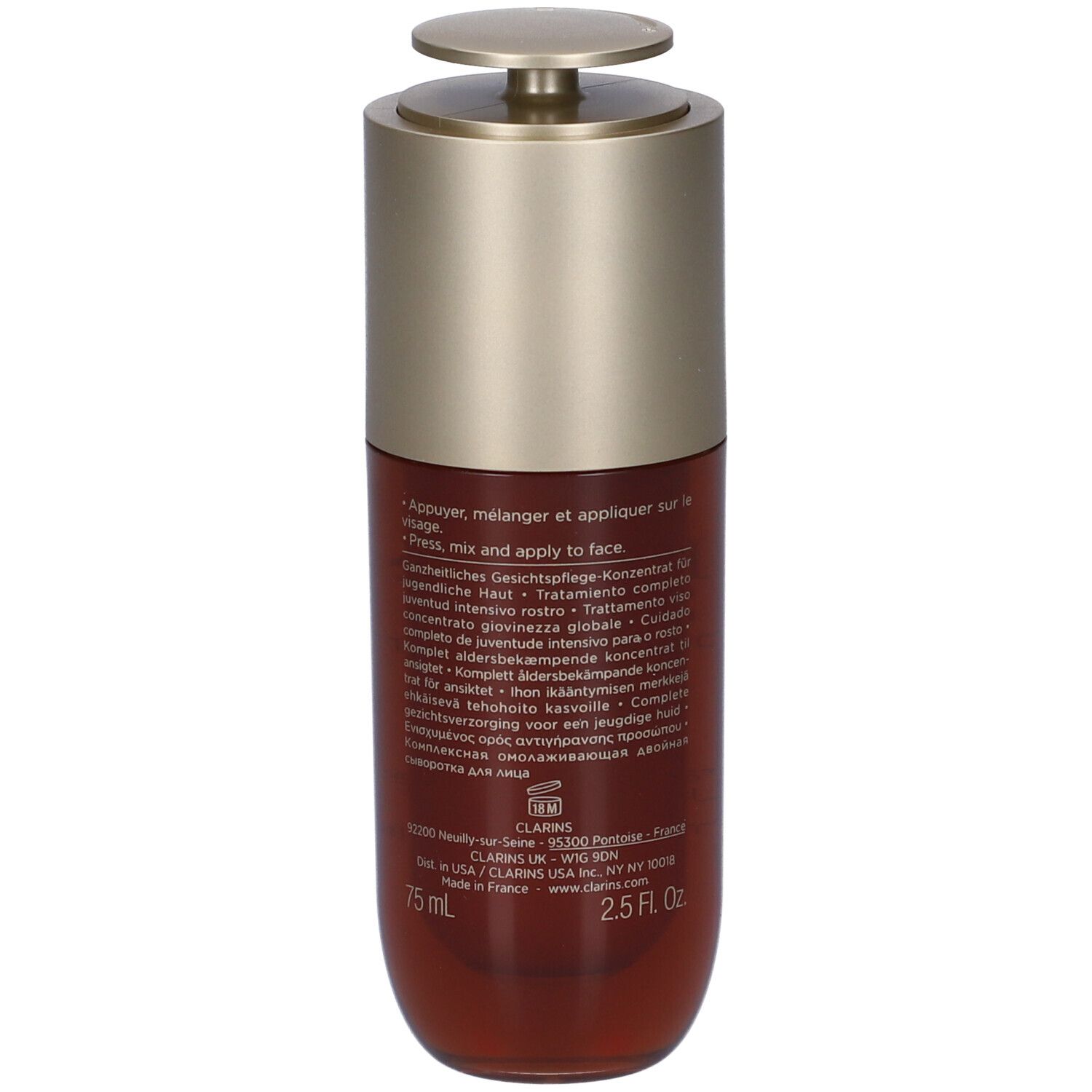 Retro del flacone Clarins Double Serum con istruzioni e ingredienti.