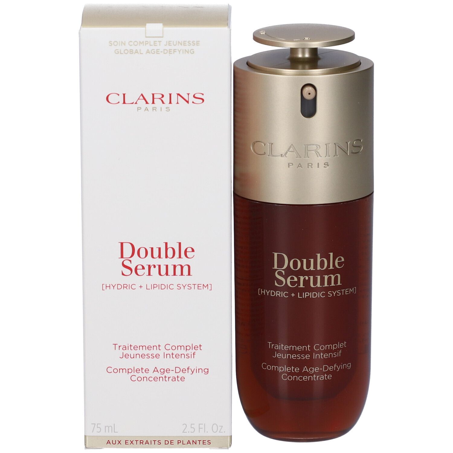 Flacone Clarins Double Serum accanto alla sua confezione, tappo dorato.