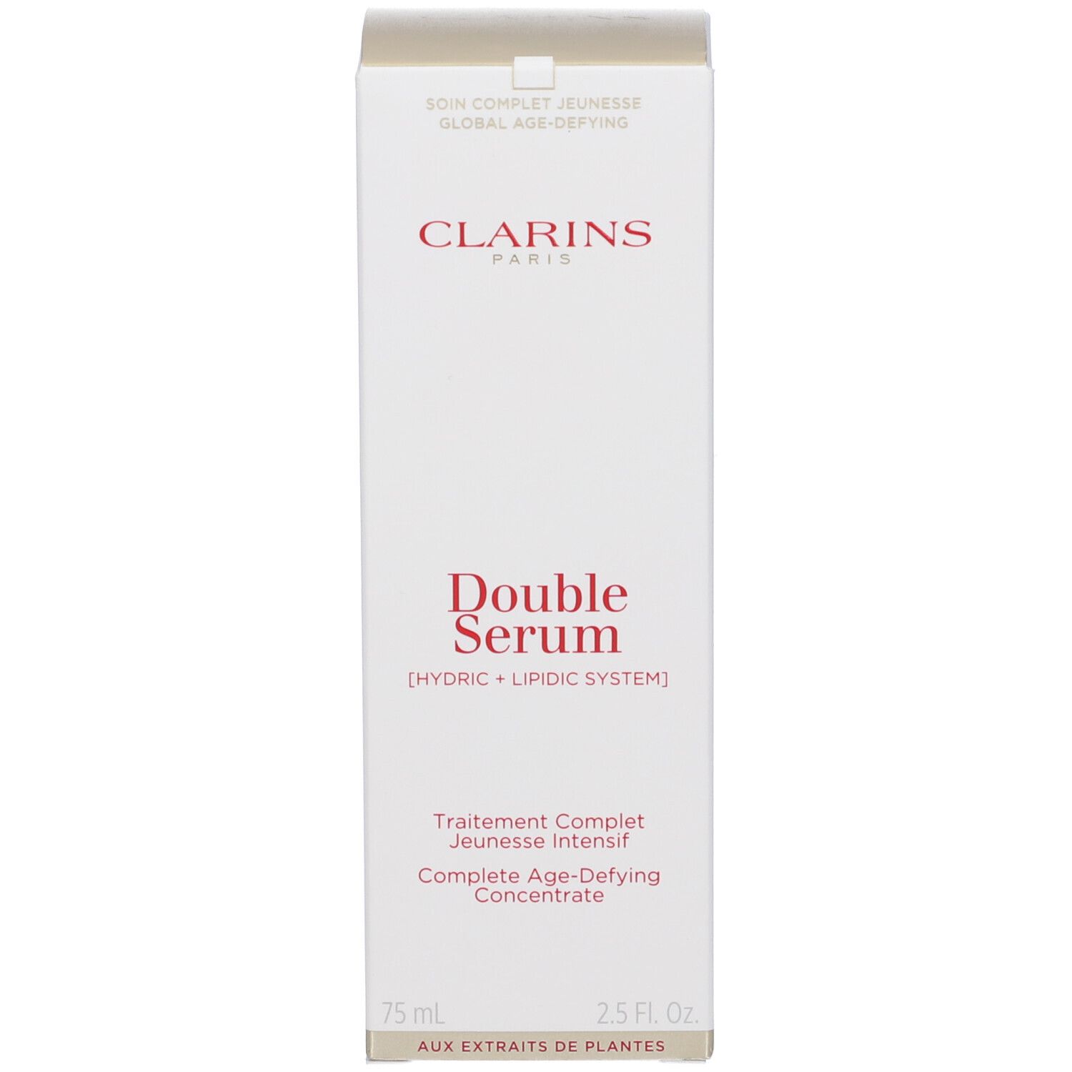 Confezione del prodotto Clarins Double Serum, bianca con scritte dorate, vista frontale.