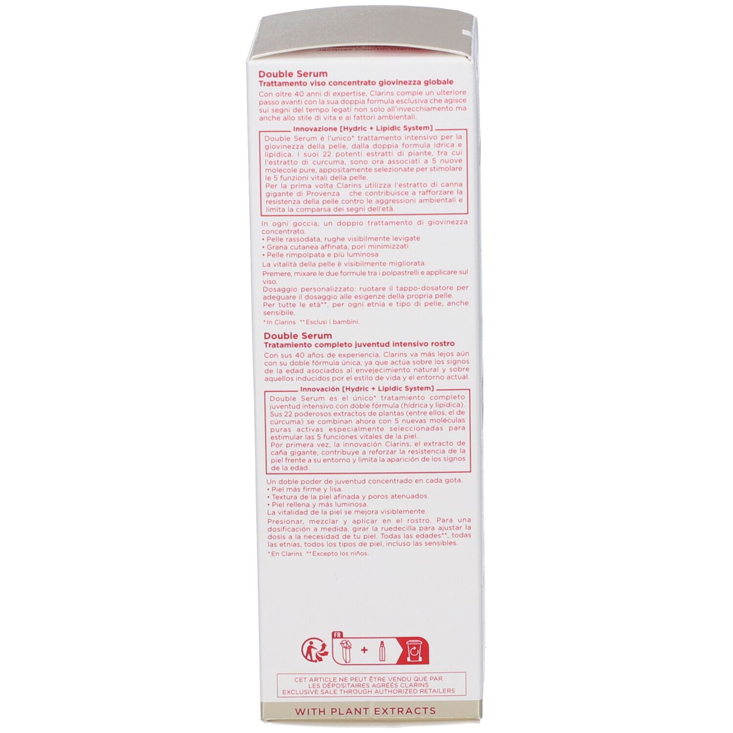 Lato della confezione Clarins Double Serum con informazioni dettagliate sul prodotto.