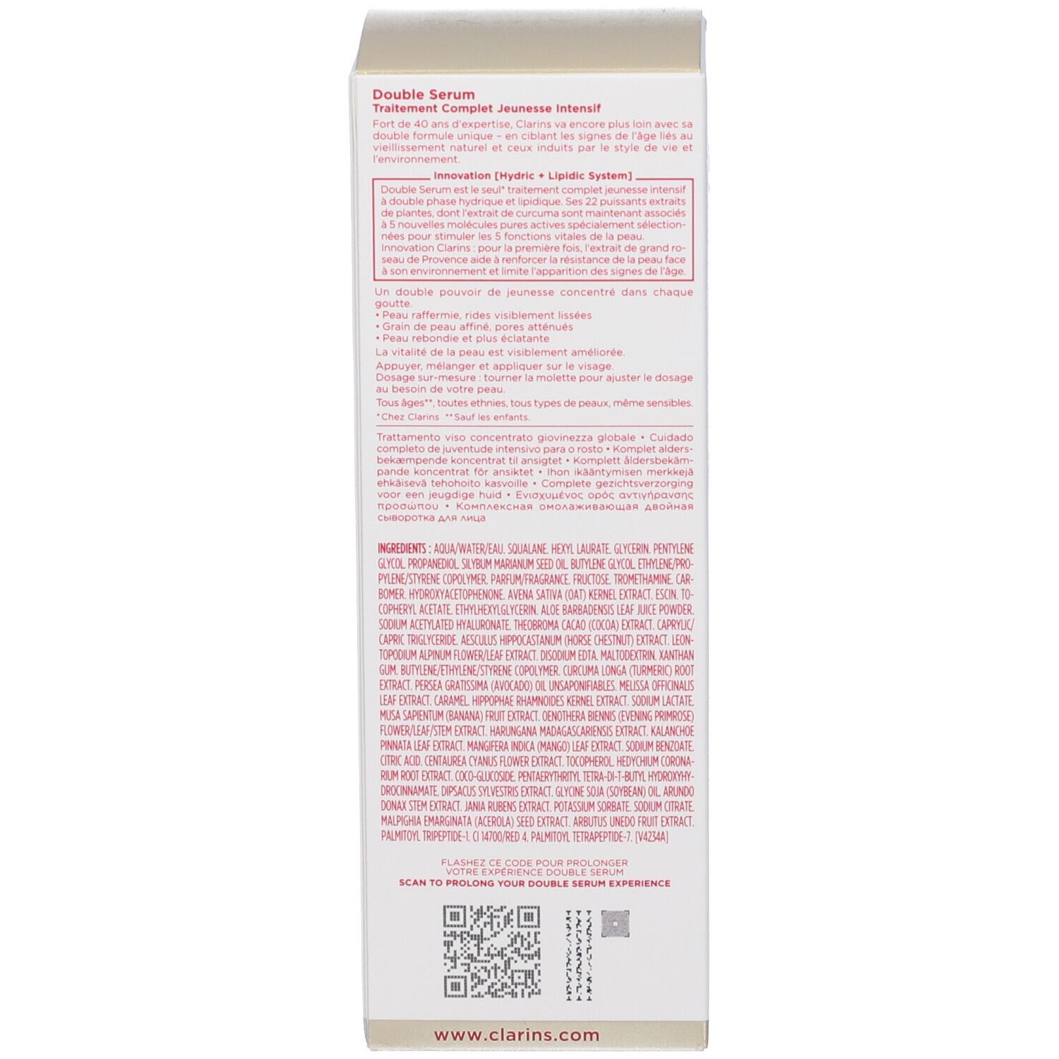 Retro della confezione Clarins Double Serum con ingredienti e codice QR.