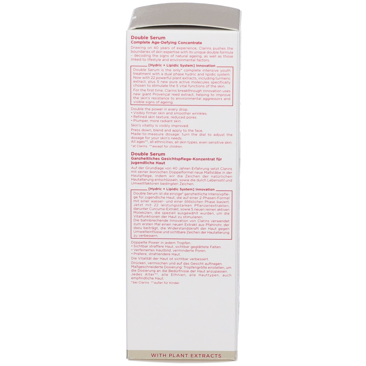 Confezione Clarins Double Serum, lato con descrizione del prodotto in inglese e tedesco.