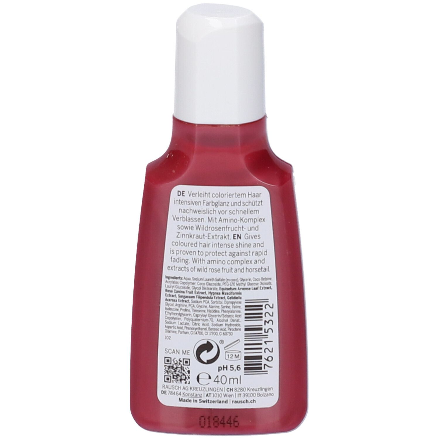 Retro del flacone di shampoo. Testo in tedesco e inglese. Contiene informazioni sugli ingredienti e sul produttore. Volume: 40ml.