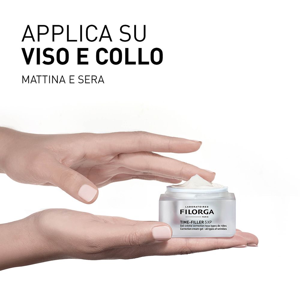 Scatola nera. Testo: FILORGA, TIME-FILLER 5XP. Gel-crema antirughe. 5-XP COMPLEX. Per pelli miste.