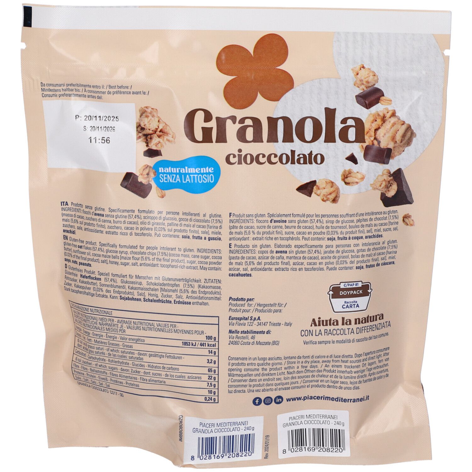 Retro della confezione di Granola Cioccolato. Contiene informazioni nutrizionali e testo. Senza glutine, senza lattosio. Con pezzi di cioccolato.