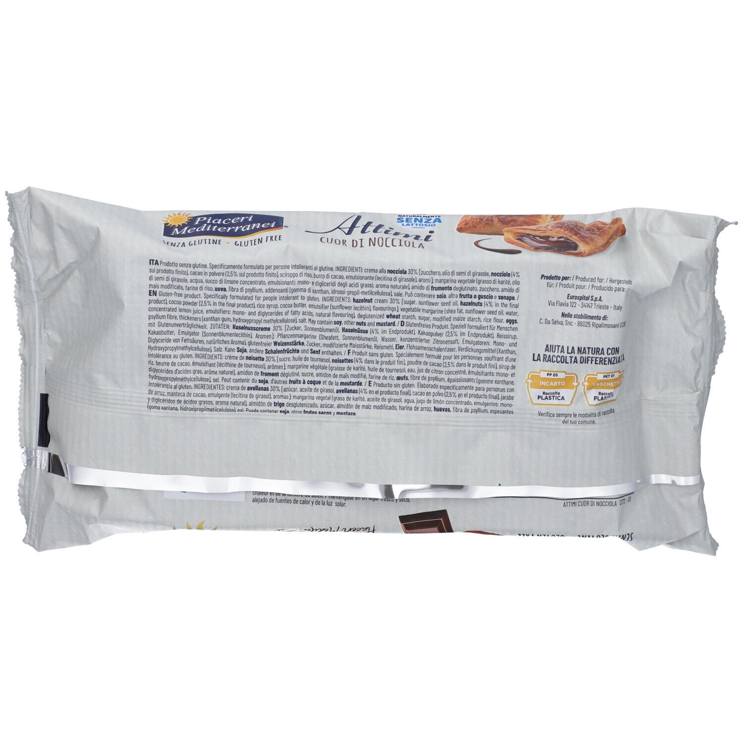 Retro della confezione di pasta sfoglia. Confezione bianca con testo e informazioni nutrizionali.