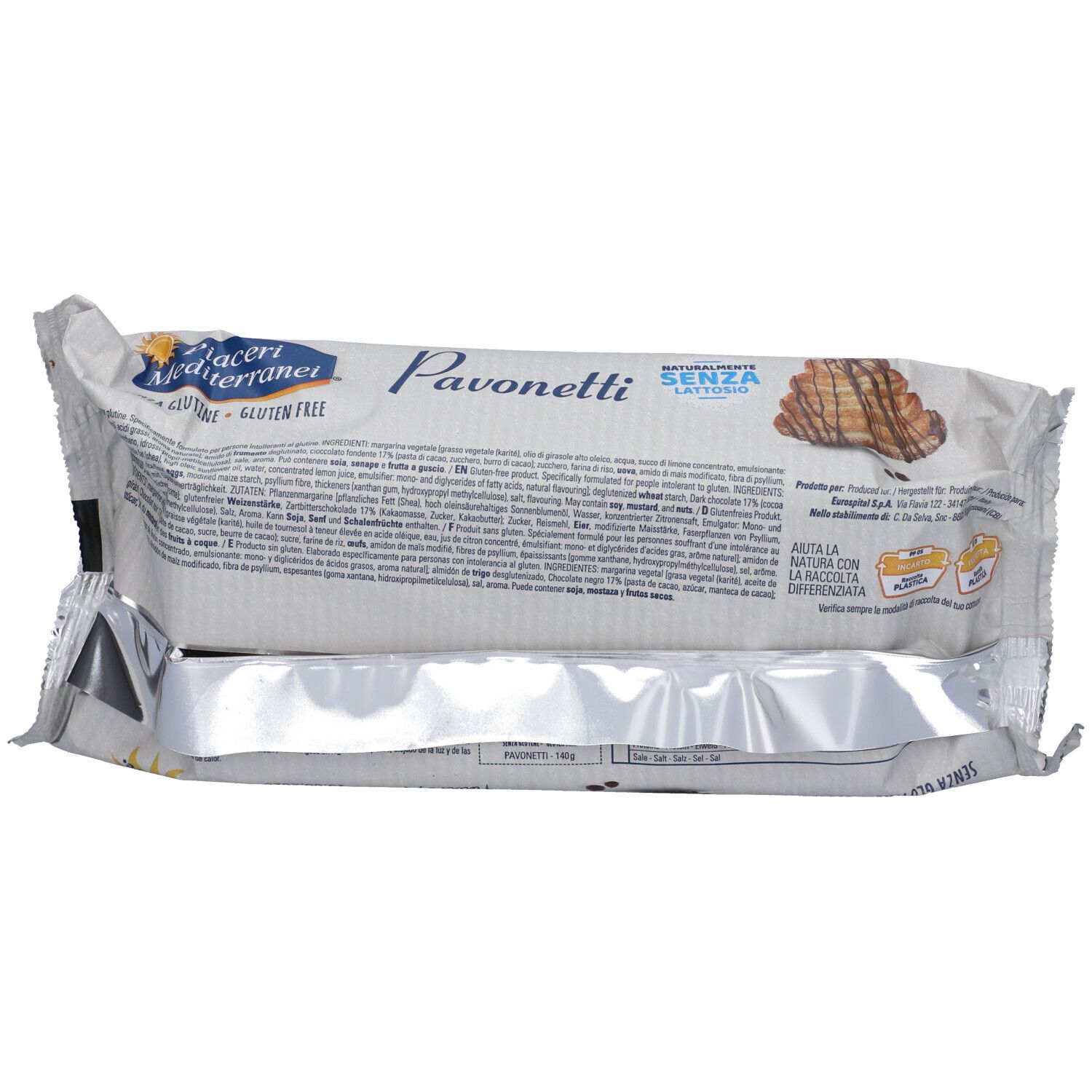 Retro della confezione di Pavonetti. Testo in più lingue. Senza glutine, senza lattosio.