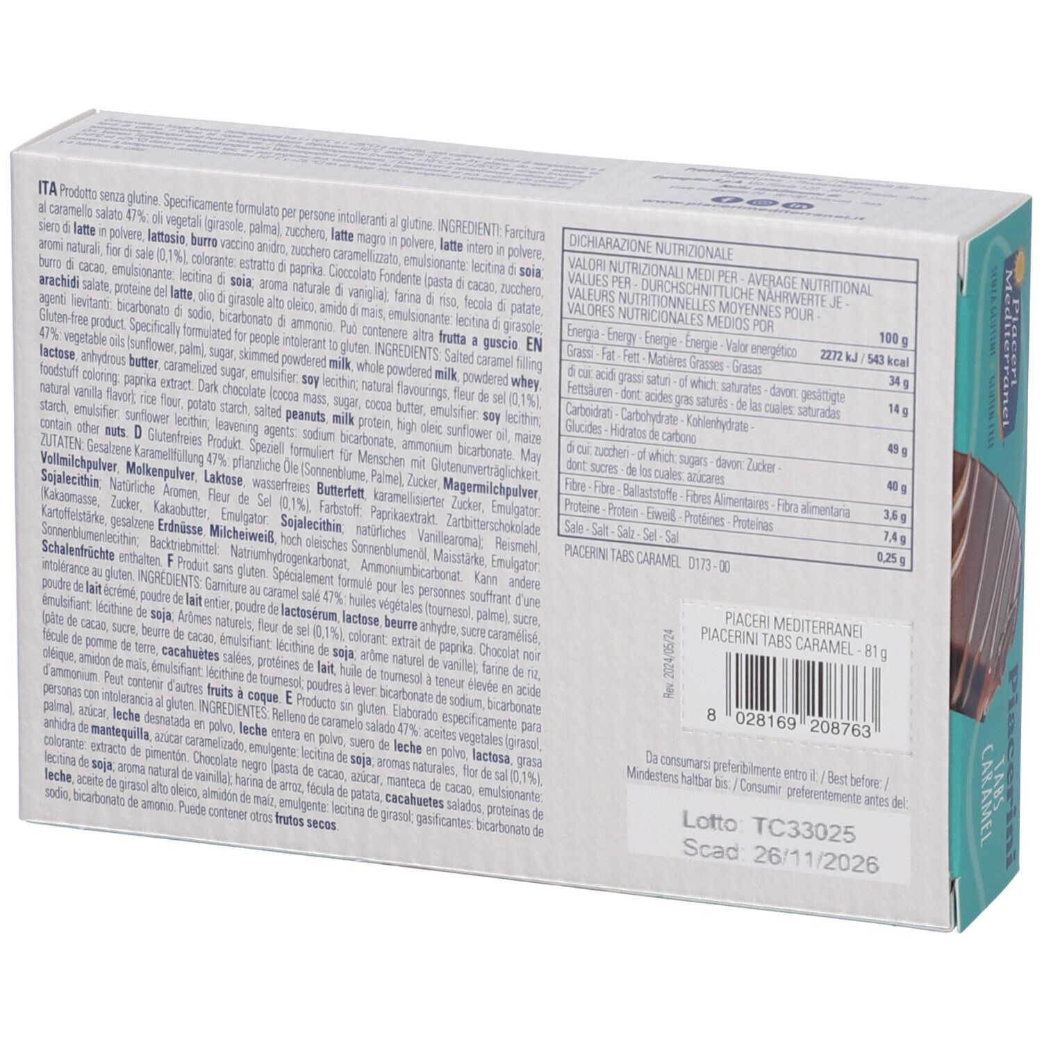 Retro della scatola Piacerini Tabs Caramel. Testo: ingredienti, valori nutrizionali. Codice a barre. Scadenza.