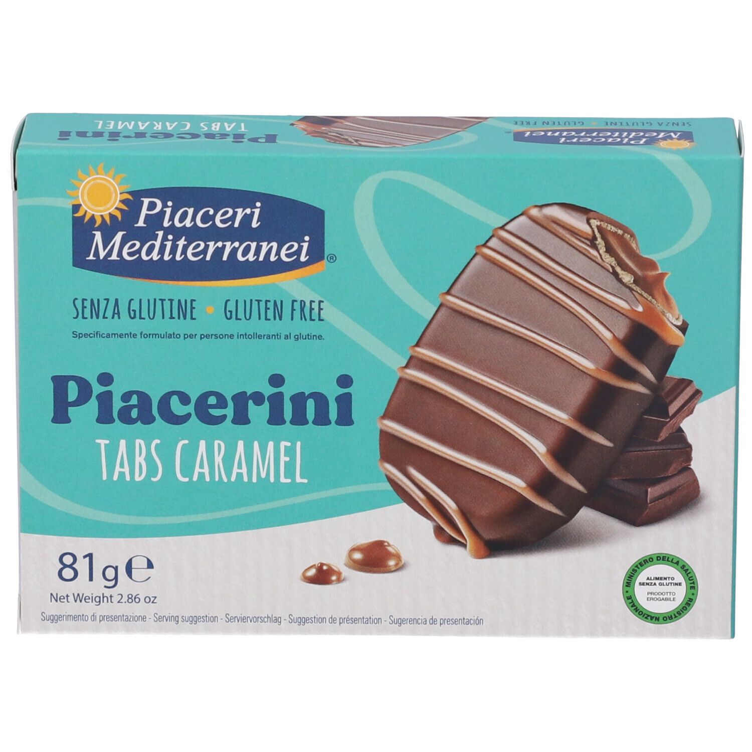 Scatola di Piacerini Tabs Caramel. Scritto: marchio, nome prodotto, senza glutine. Immagine: barretta cioccolato e caramello.