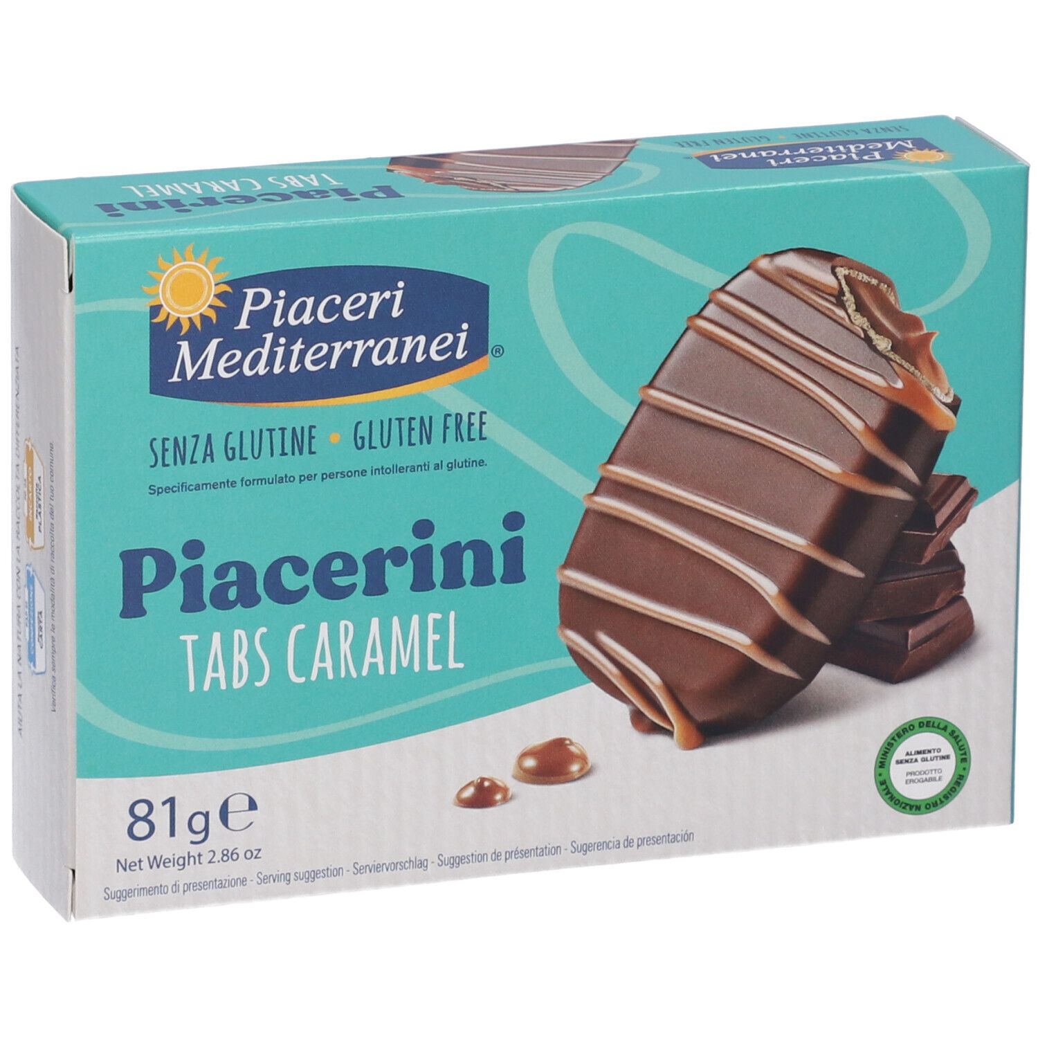 Scatola di Piacerini Tabs Caramel. Scritto: marchio, nome prodotto, senza glutine. Immagine: barretta cioccolato e caramello.