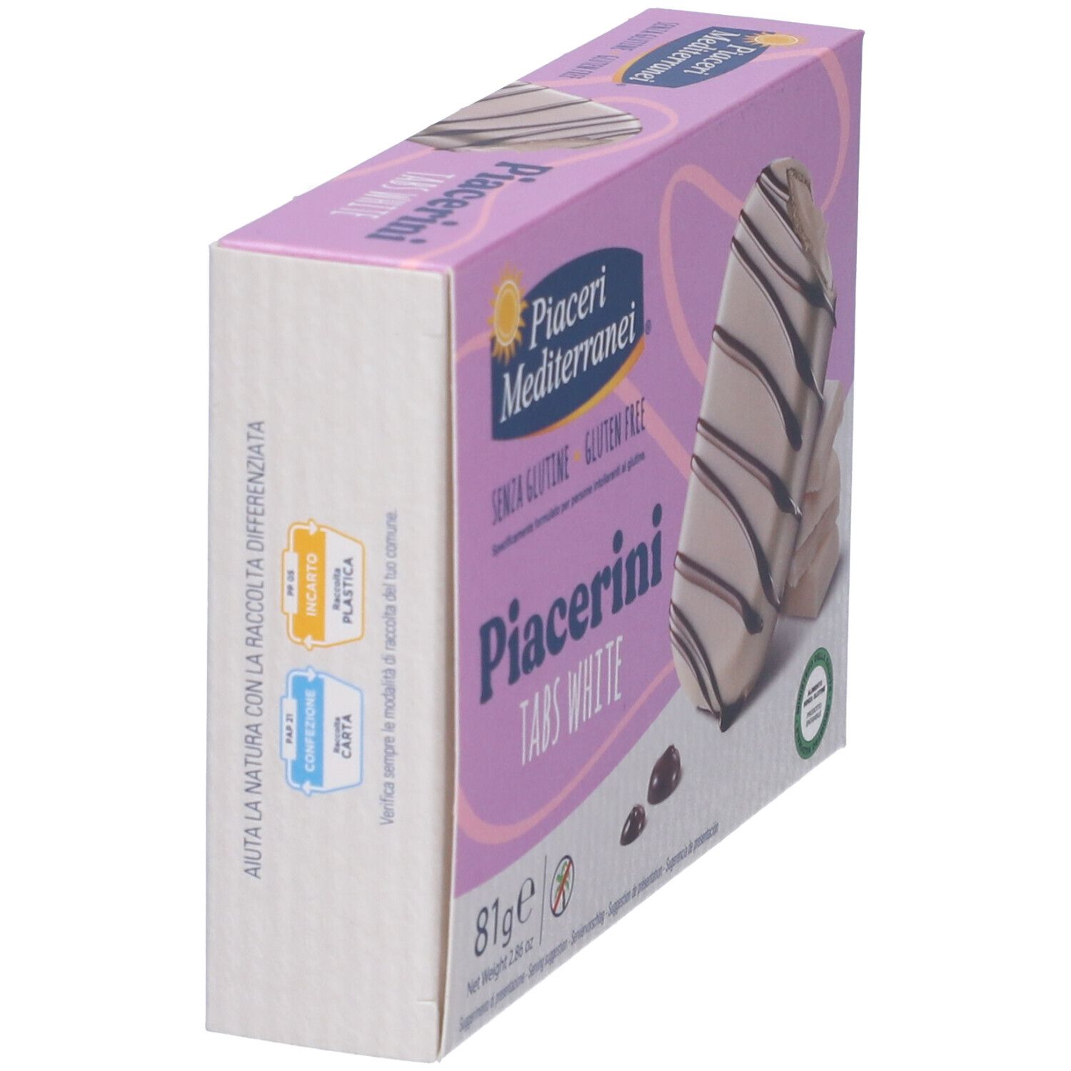 Vista obliqua della confezione Piacerini Tabs White. Scritte: marchio, nome prodotto, senza glutine, 81g.