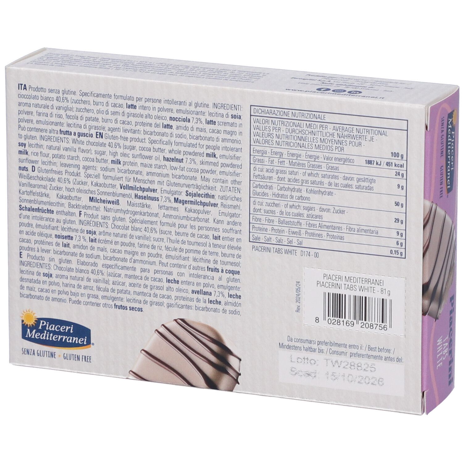 Retro della confezione Piacerini Tabs White. Testo: ingredienti, valori nutrizionali, marchio, scadenza.