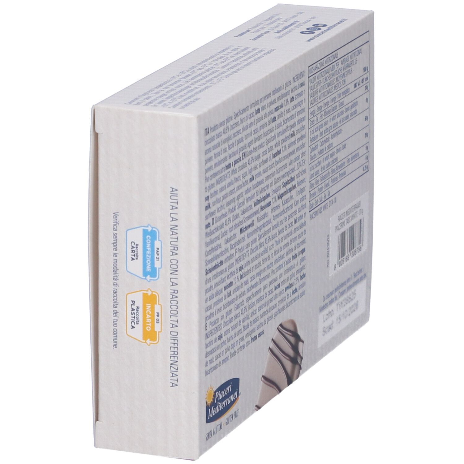 Vista obliqua del retro della confezione Piacerini Tabs White. Testo: ingredienti, valori nutrizionali, marchio, scadenza.