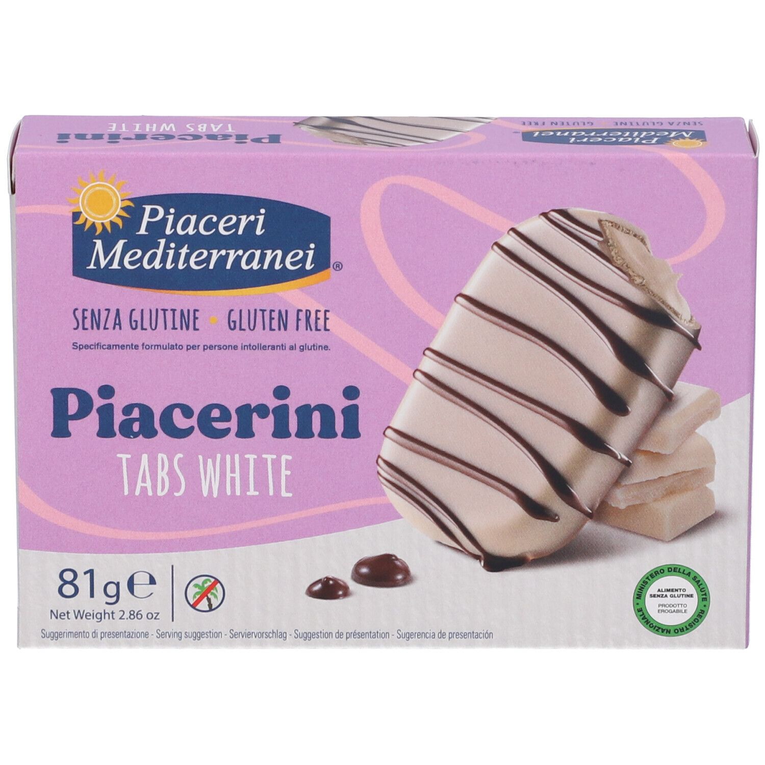 Confezione di Piacerini Tabs White. Scritte: marchio, nome prodotto, senza glutine, 81g, immagine del prodotto.