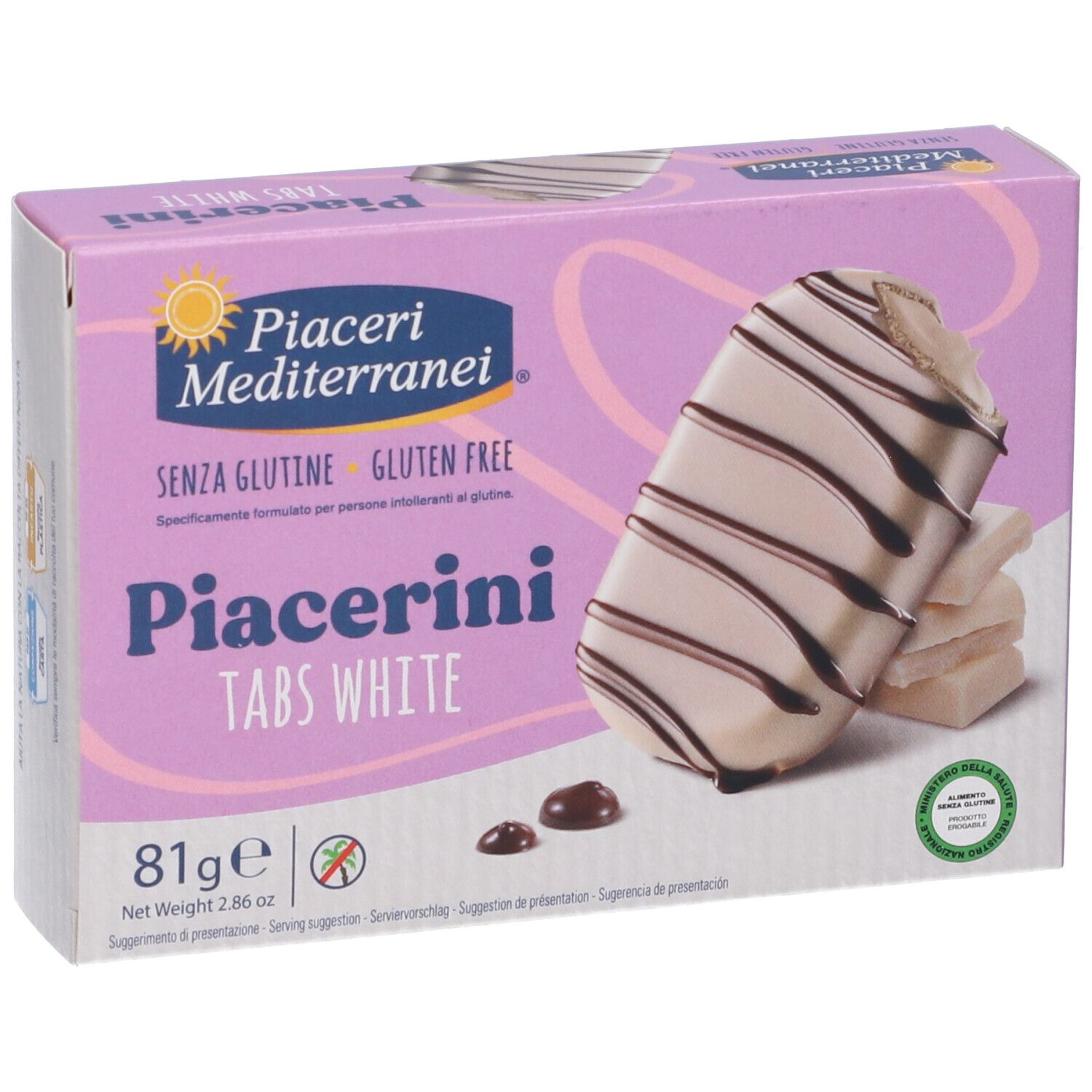 Confezione di Piacerini Tabs White. Scritte: marchio, nome prodotto, senza glutine, 81g, immagine del prodotto.