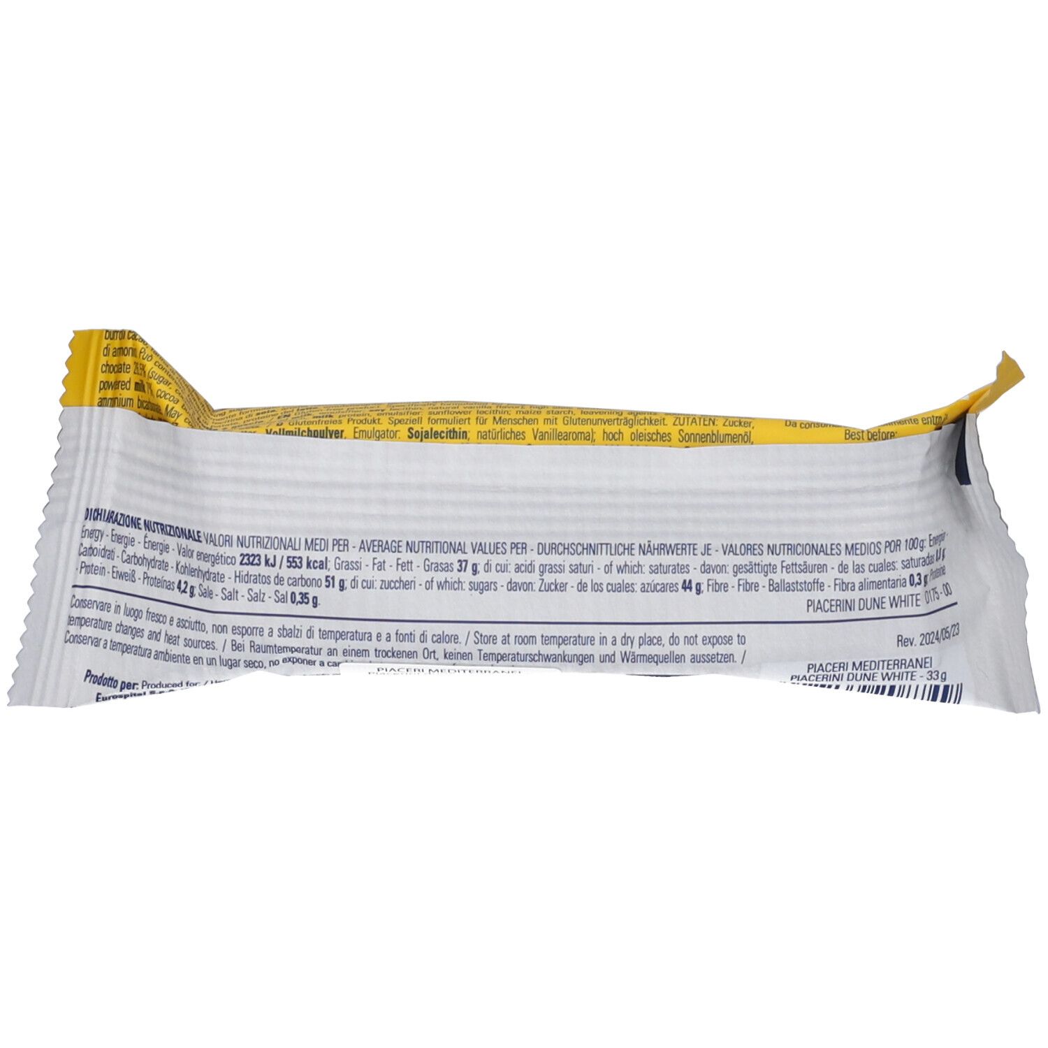 Retro della confezione Piacerini Dune White. Testo con informazioni nutrizionali e del prodotto su sfondo bianco.