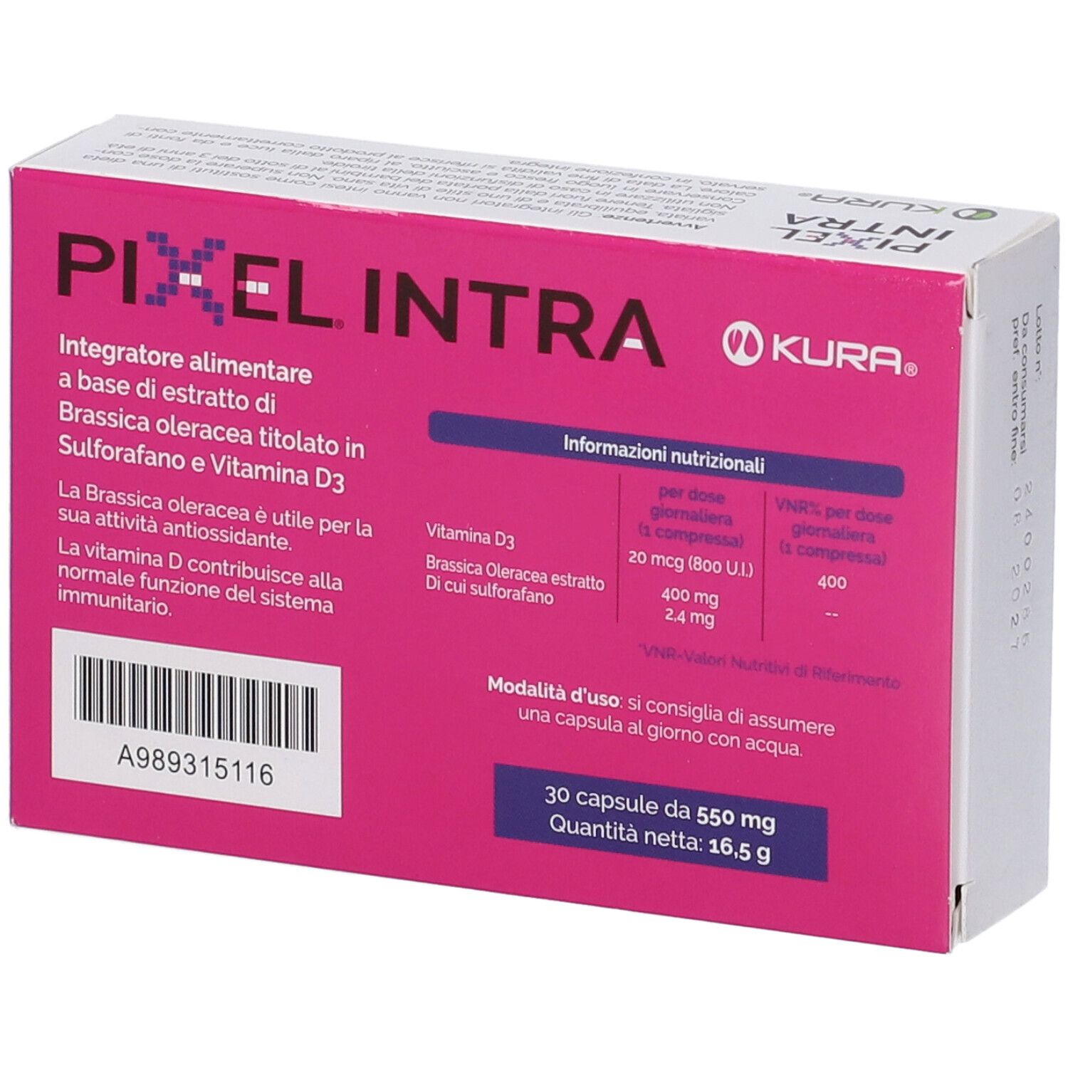 Scatola rosa con logo "PIXEL INTRA" e testo. Contiene 30 capsule. Logo KURA. Informazioni nutrizionali.