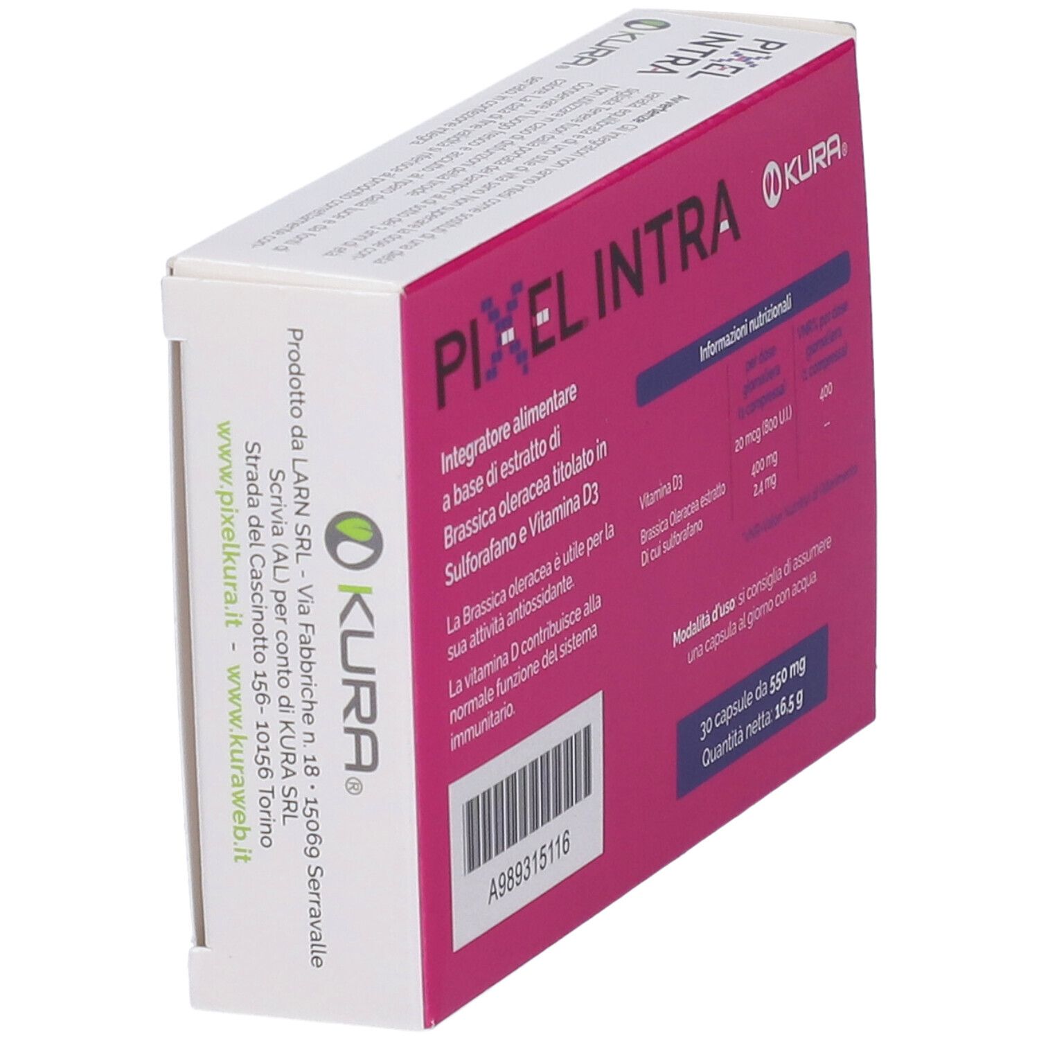 Scatola rosa con logo "PIXEL INTRA" e testo. Contiene 30 capsule. Logo KURA. Vista laterale.