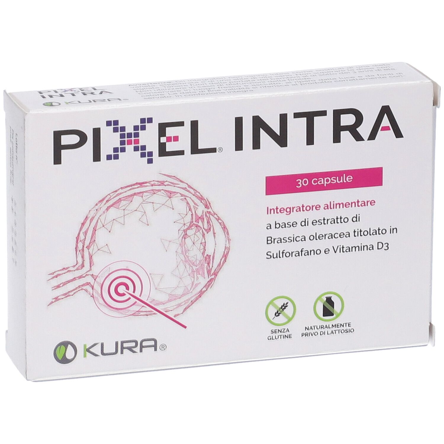 Scatola bianca con logo "PIXEL INTRA" e testo. Contiene 30 capsule. Logo KURA. Illustrazione di un occhio.