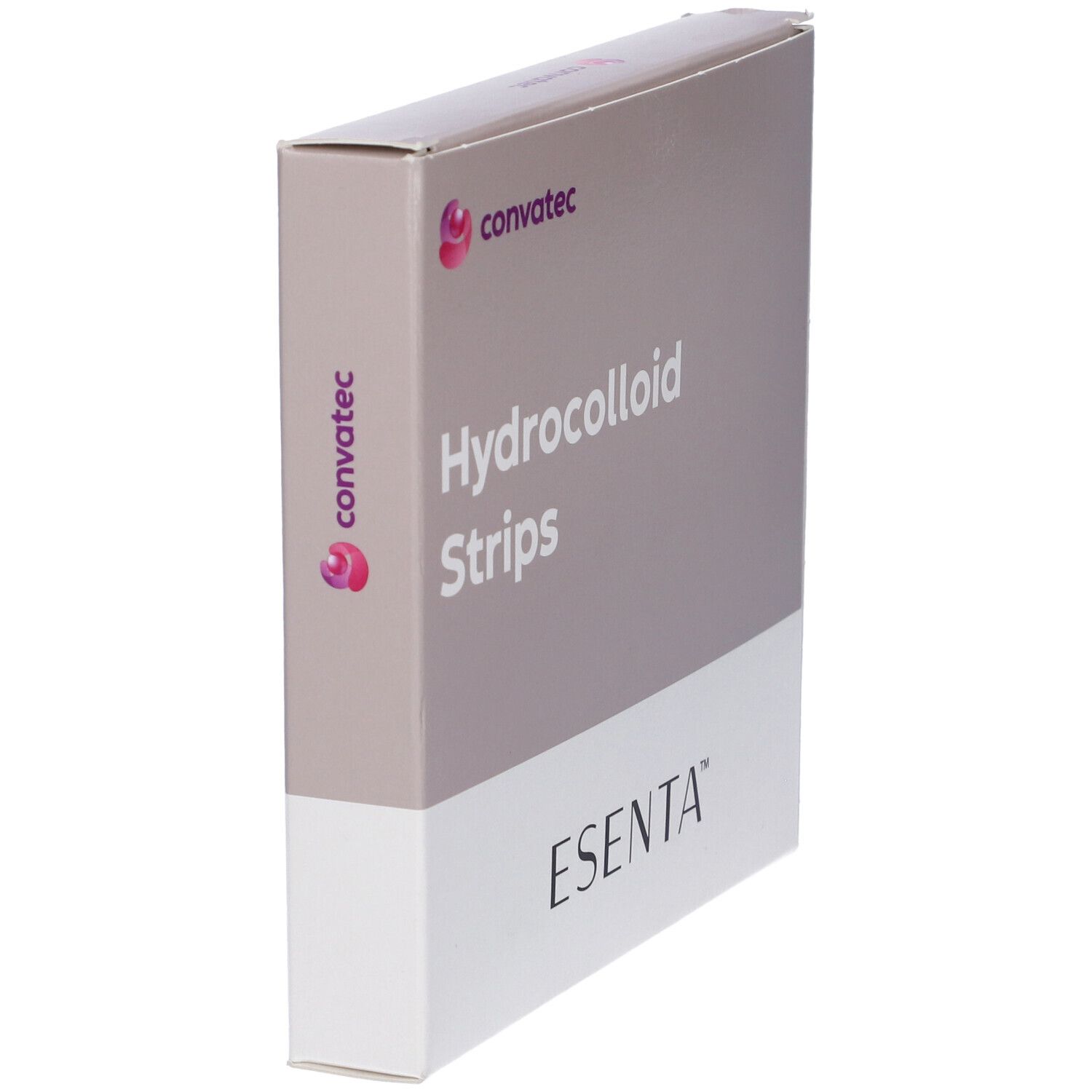 Confezione di strisce idrocolloidali Esenta. Marchio Convatec. Testo: Hydrocolloid Strips, ESENTA.