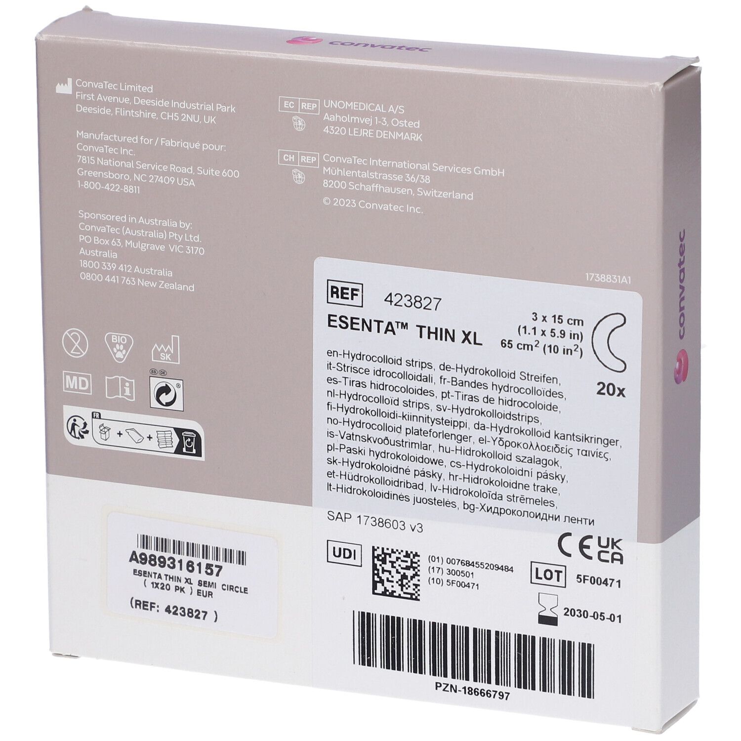 Retro confezione Esenta Thin XL. Contiene 20 pezzi. Testo: ESENTA THIN XL, 3x15 cm.