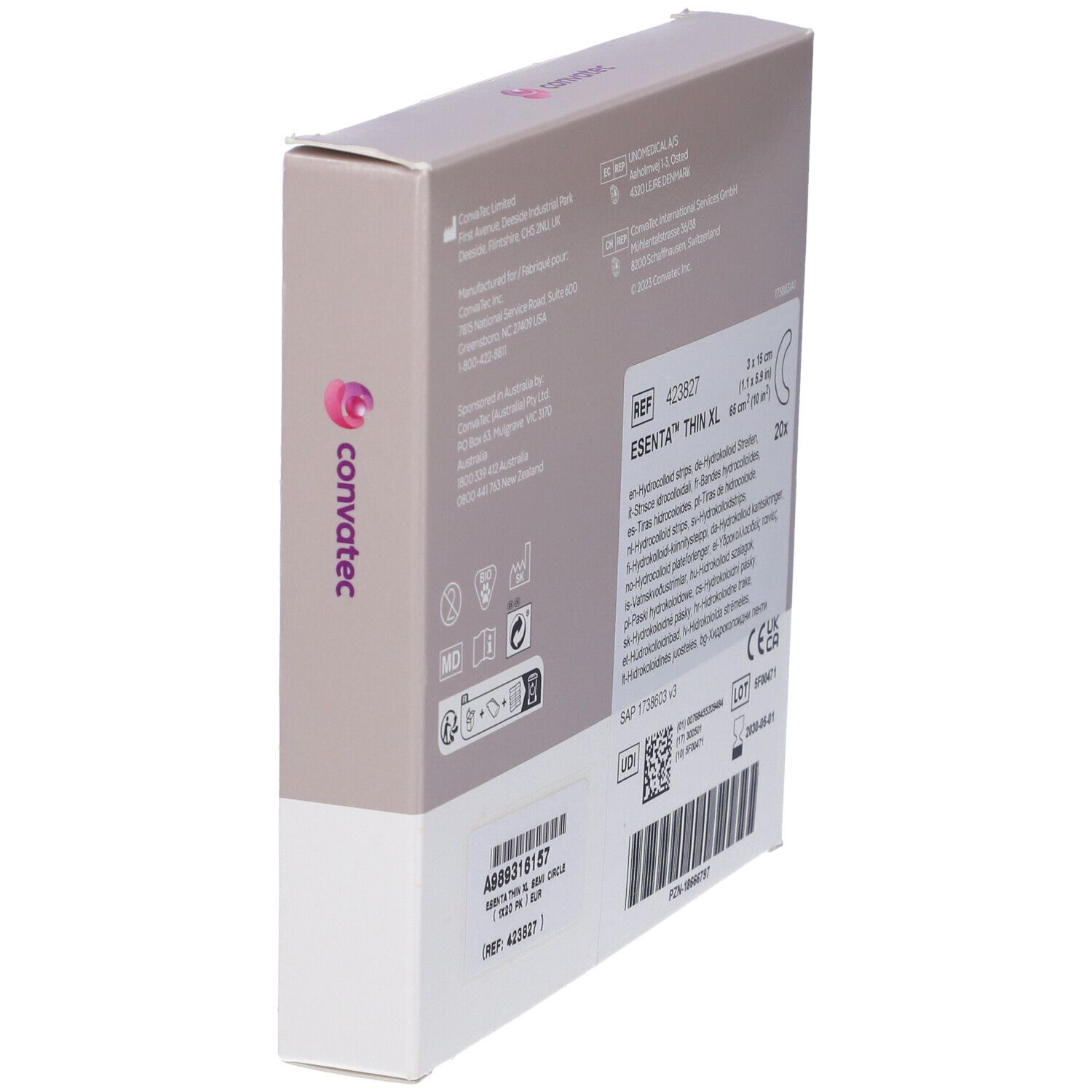 Confezione Esenta Thin XL. Marchio Convatec. Testo: ESENTA THIN XL, 20 pezzi.