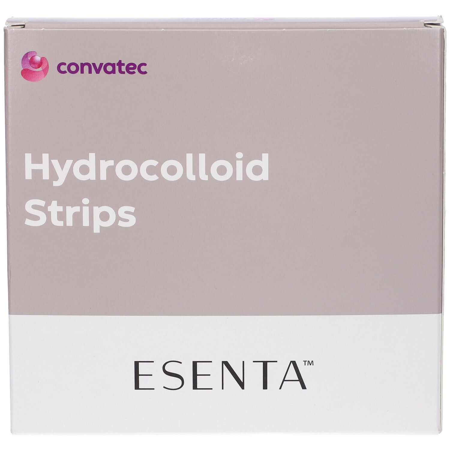 Confezione di strisce idrocolloidali Esenta. Marchio Convatec. Testo: Hydrocolloid Strips, ESENTA.