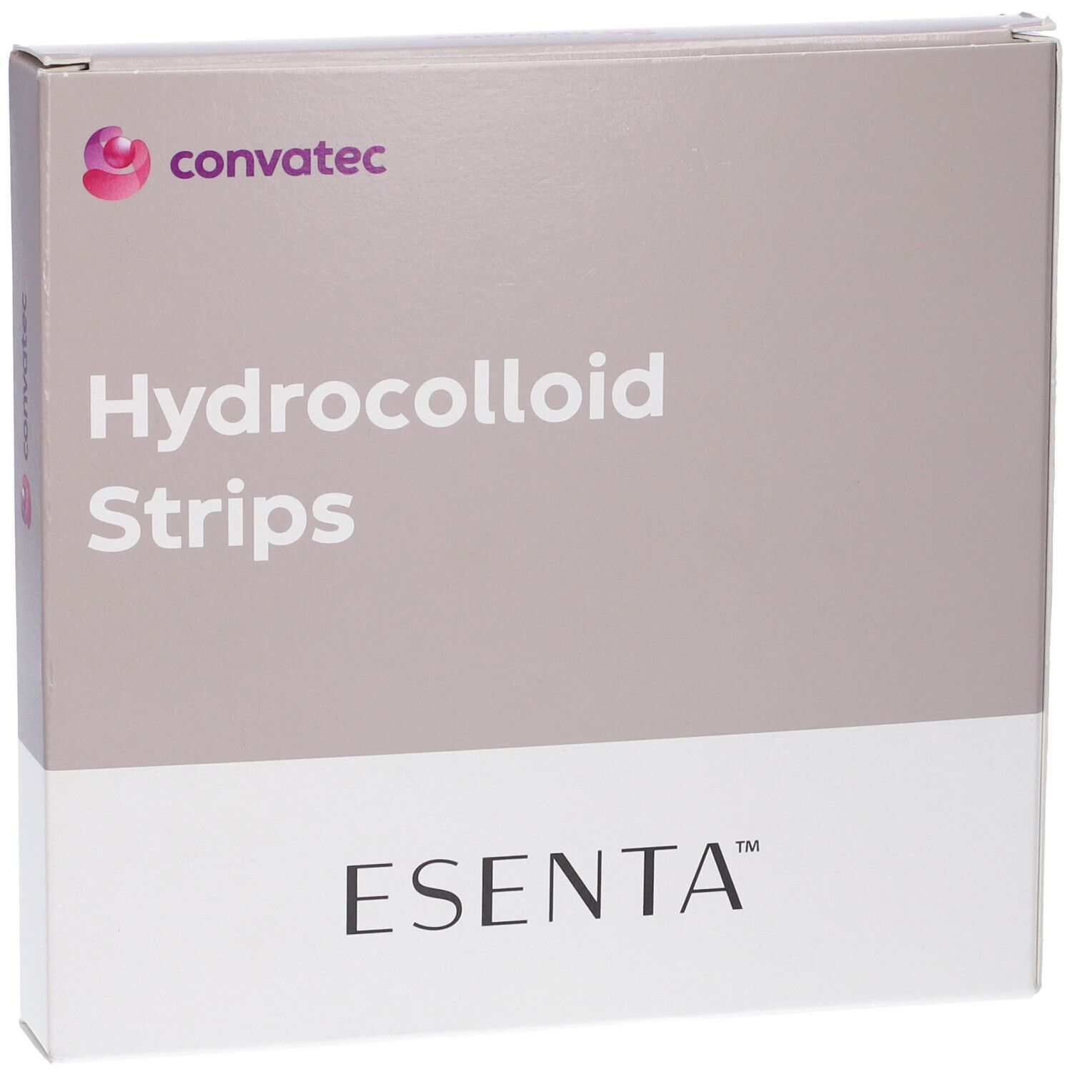Confezione di strisce idrocolloidali Esenta. Marchio Convatec. Testo: Hydrocolloid Strips, ESENTA.
