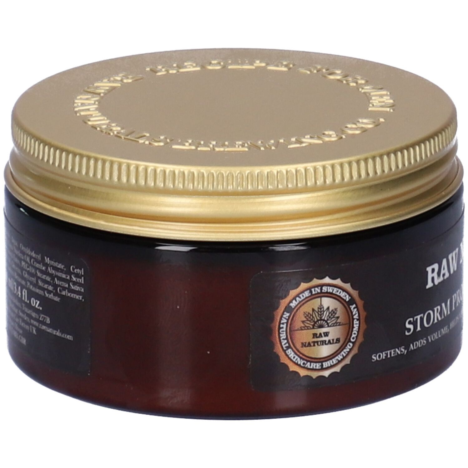 Barattolo marrone con coperchio dorato. Scritta: RAW NATURALS. Logo: Made in Sweden. Testo: STORM PROOF BEARD BALM. Ammorbidisce, aggiunge volume.
