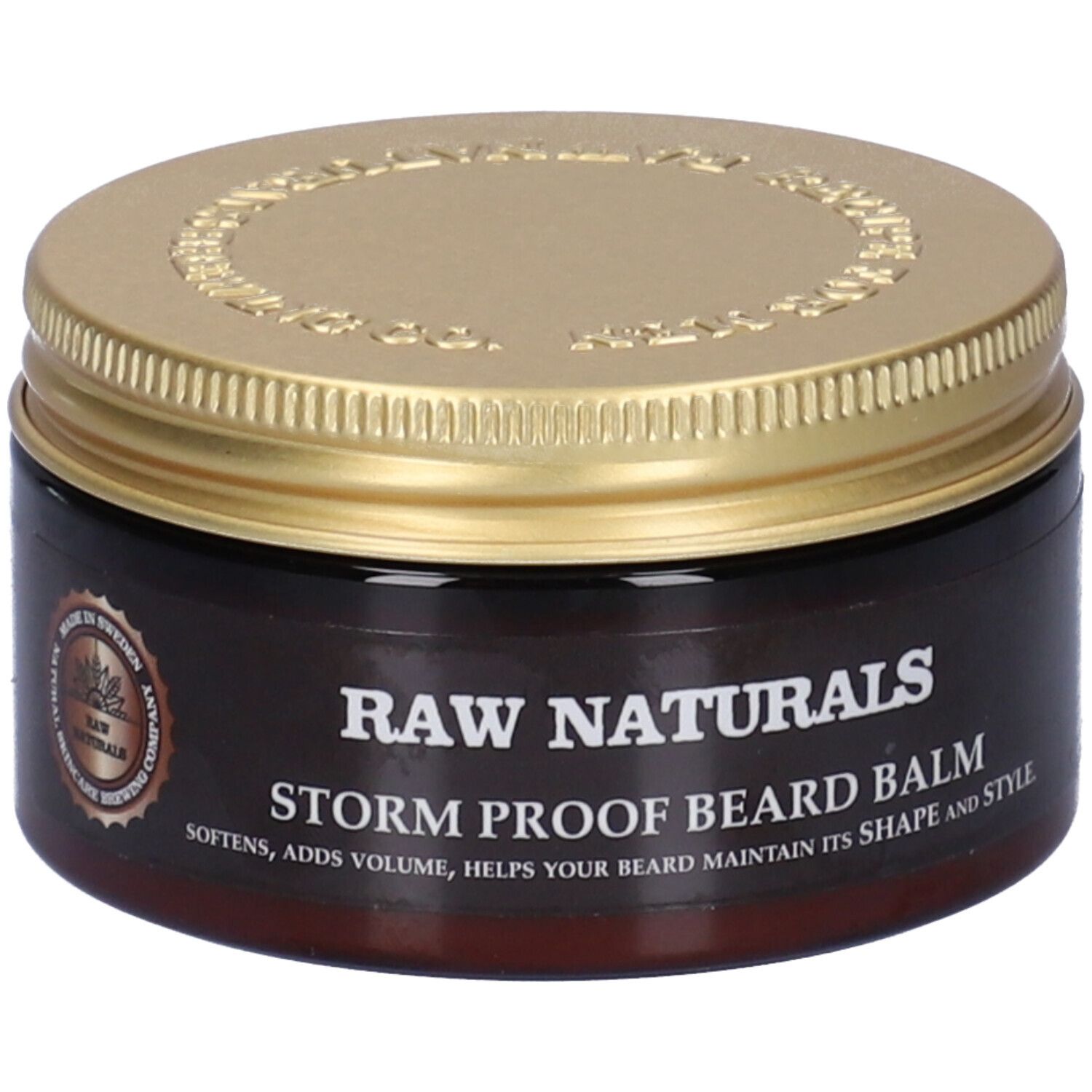 Barattolo marrone con coperchio dorato. Scritta: RAW NATURALS STORM PROOF BEARD BALM. Ammorbidisce, aggiunge volume, aiuta a mantenere la forma della barba.